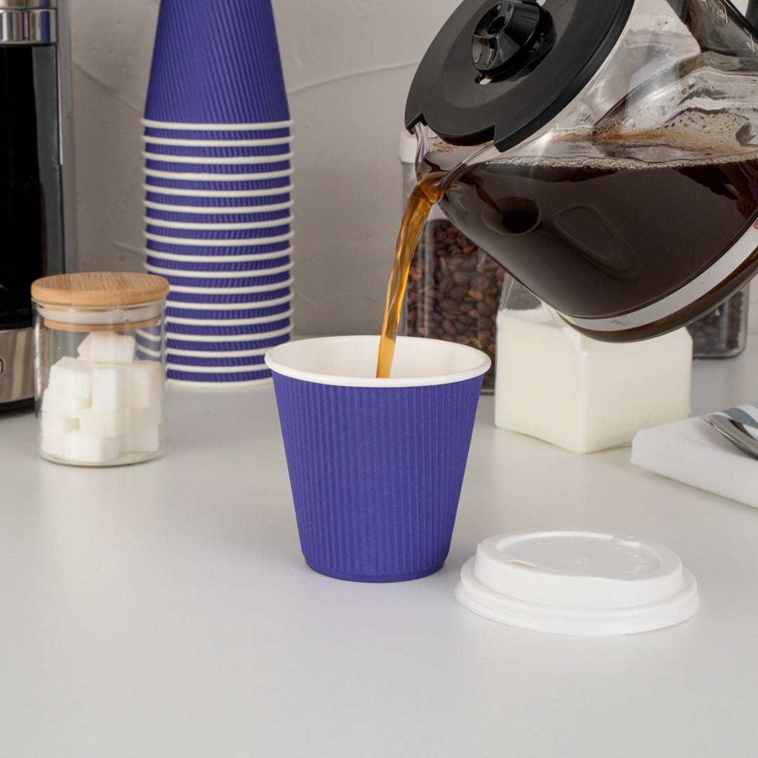 8 oz Royal Purple Ripple Wall Coffee Cups with White Lids - 3.5