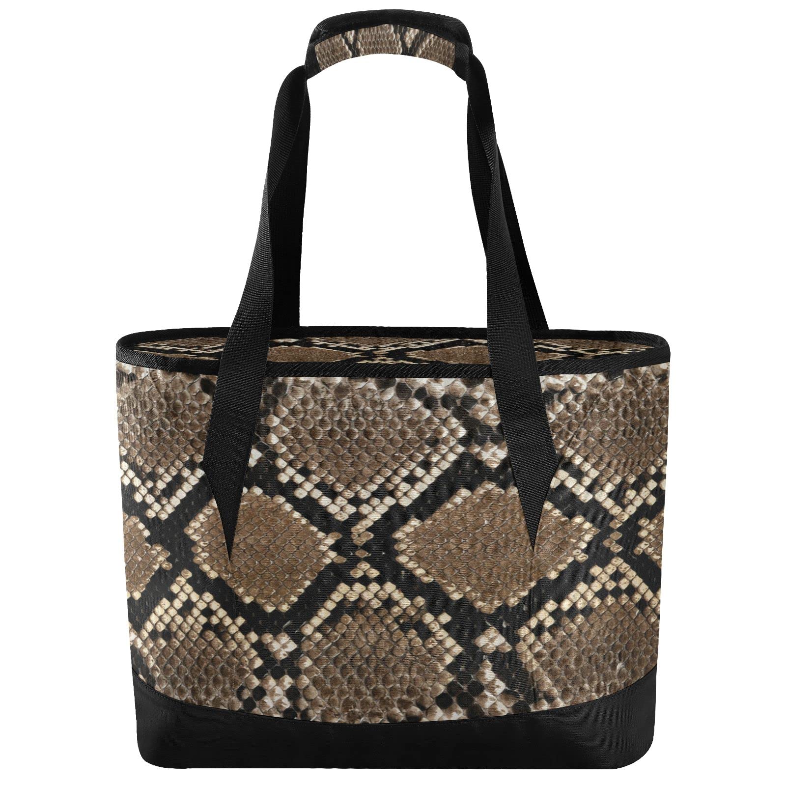Snakeskin Black & Brown Large Insulated Lunch Bag - Reusable Thermal Cooler Lunch Box for Work, School & Picnic - Leakproof Grocery Shopping Tote - Perfect for Camping, Travel, Beach & Outdoor Activities