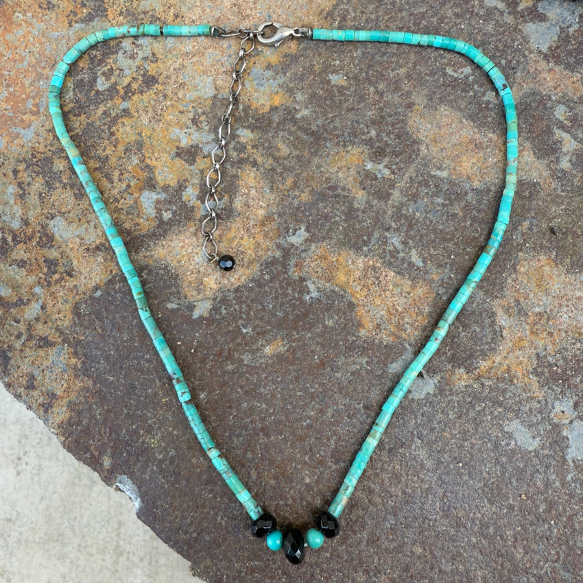 Turquoise Heishi Bead Necklace with Jet Glass - Handmade Native American Style Jewelry for Women - Perfect for Boho Fashion, Festivals & Spiritual Healing