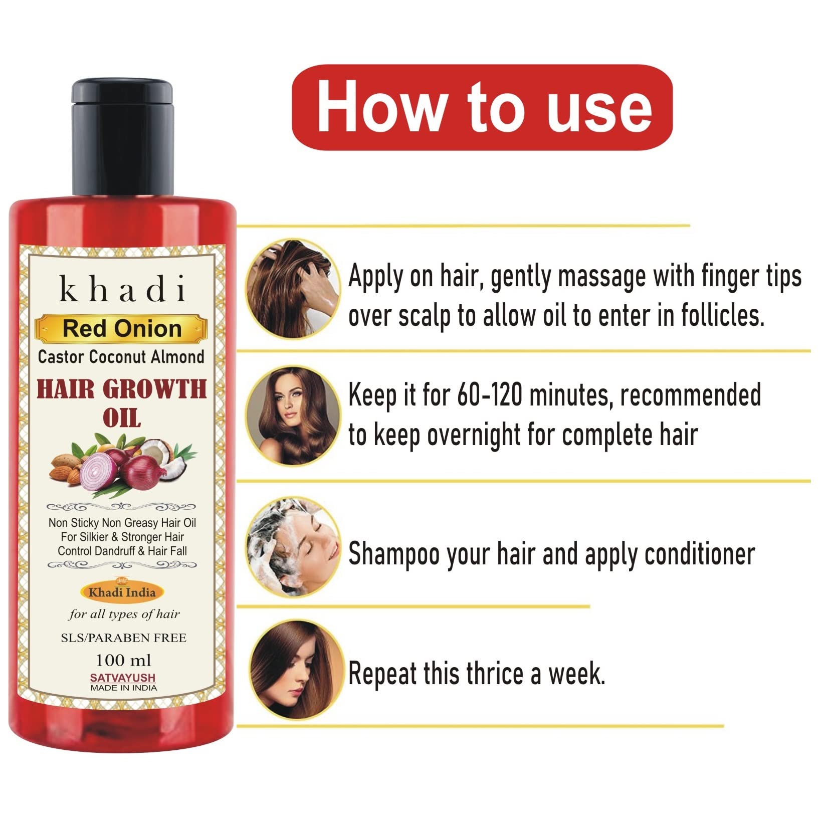 Satvayush Khadi Red Onion Hair Growth Oil with Castor, Coconut & Almond Extracts - 100ml (Pack of 2) | Promotes Hair Growth & Reduces Hair Fall | Perfect for Daily Hair Care & Scalp Massage