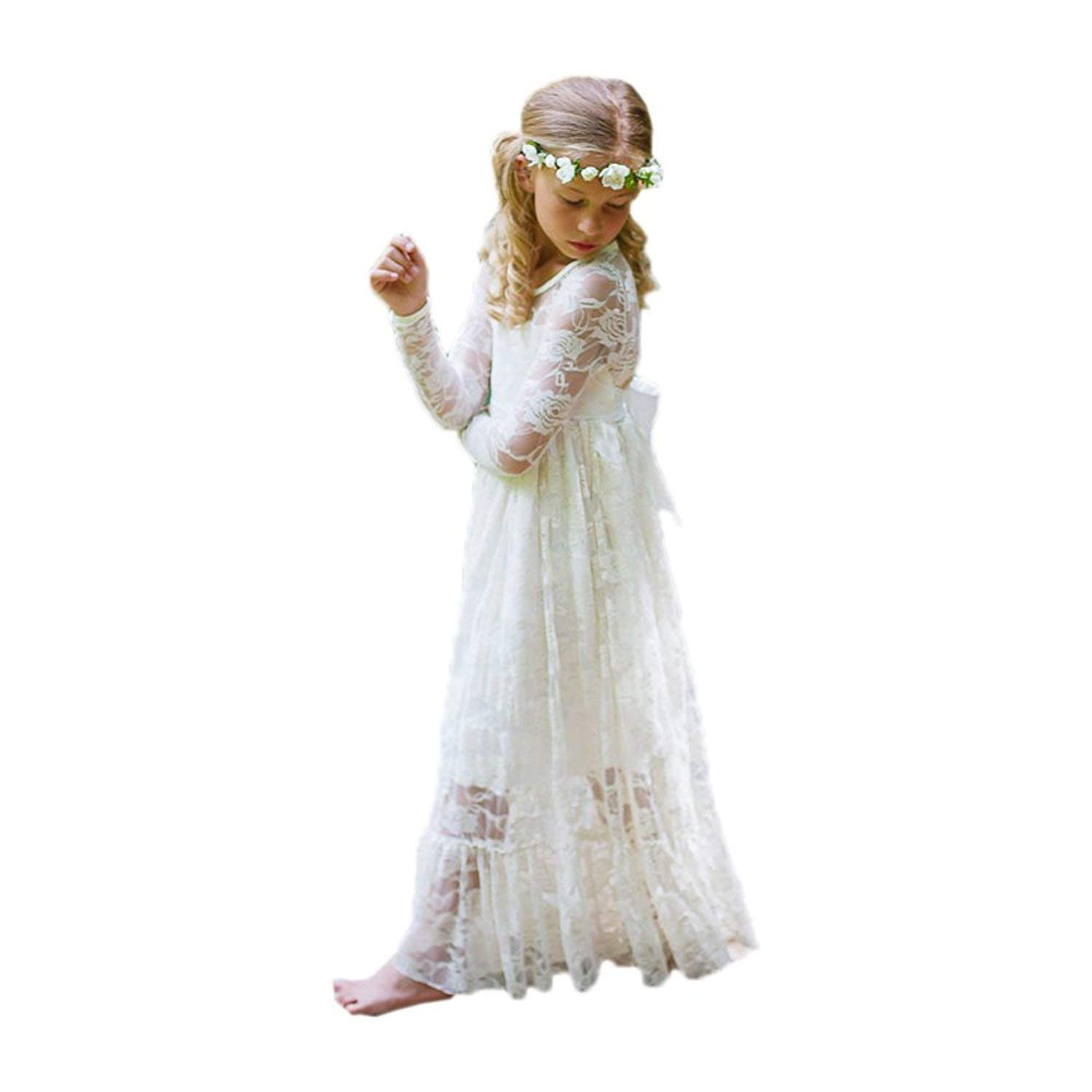 Long Sleeve White Lace Boho Rustic Flower Girl Dresses for Weddings, Photoshoots & Special Occasions - Elegant Vintage-Inspired Children's Formal Wear