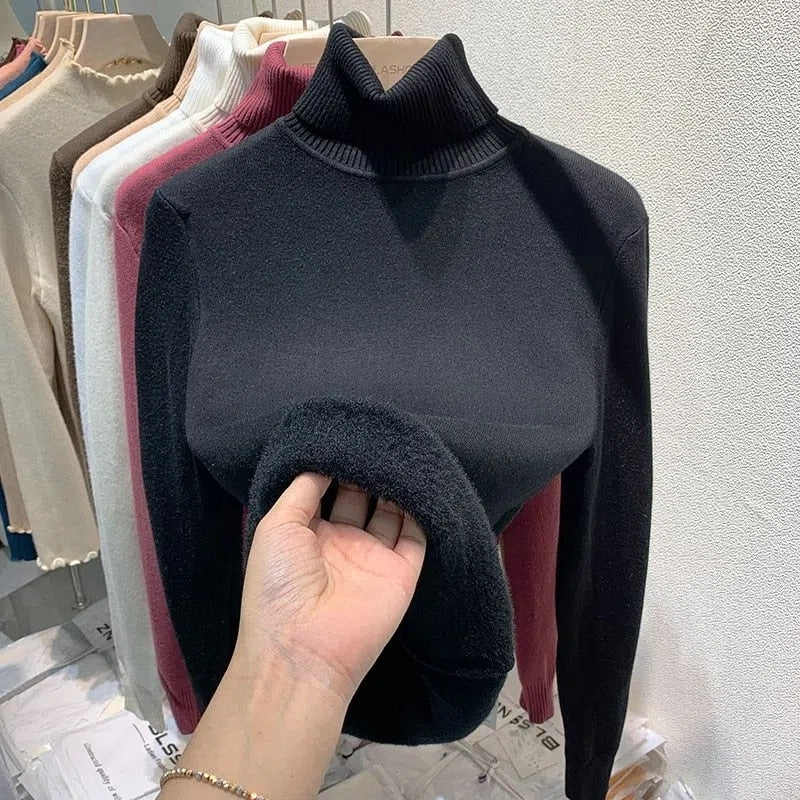 Women's Thick Velvet Turtleneck Sweater - Warm Winter Pullover for Casual Outfits & Holiday Parties