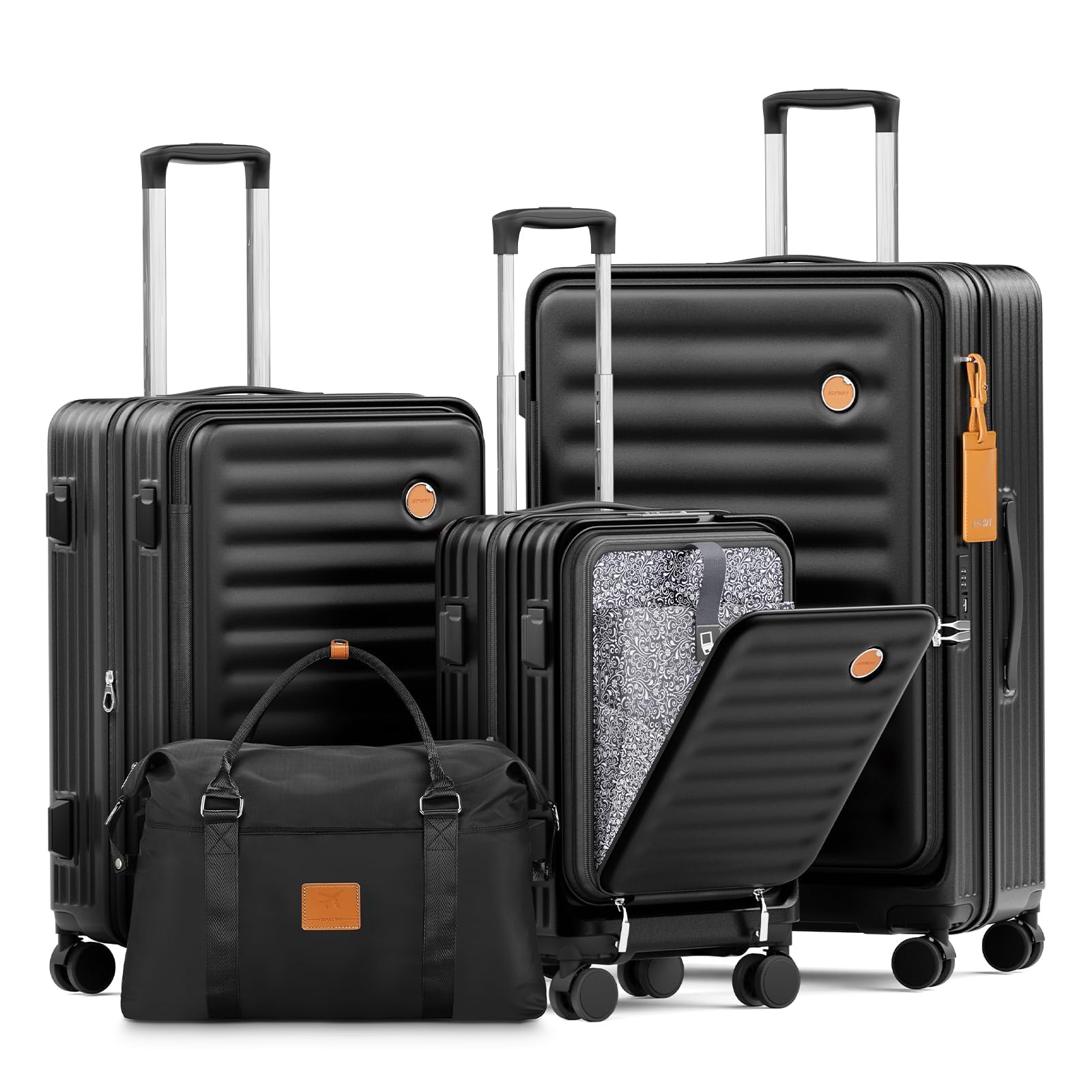 Joyway 4-Piece Hardside Expandable Luggage Set with Front Pocket, Spinner Wheels & TSA Lock - Black PC Suitcase for Travel, Business Trips & Vacations
