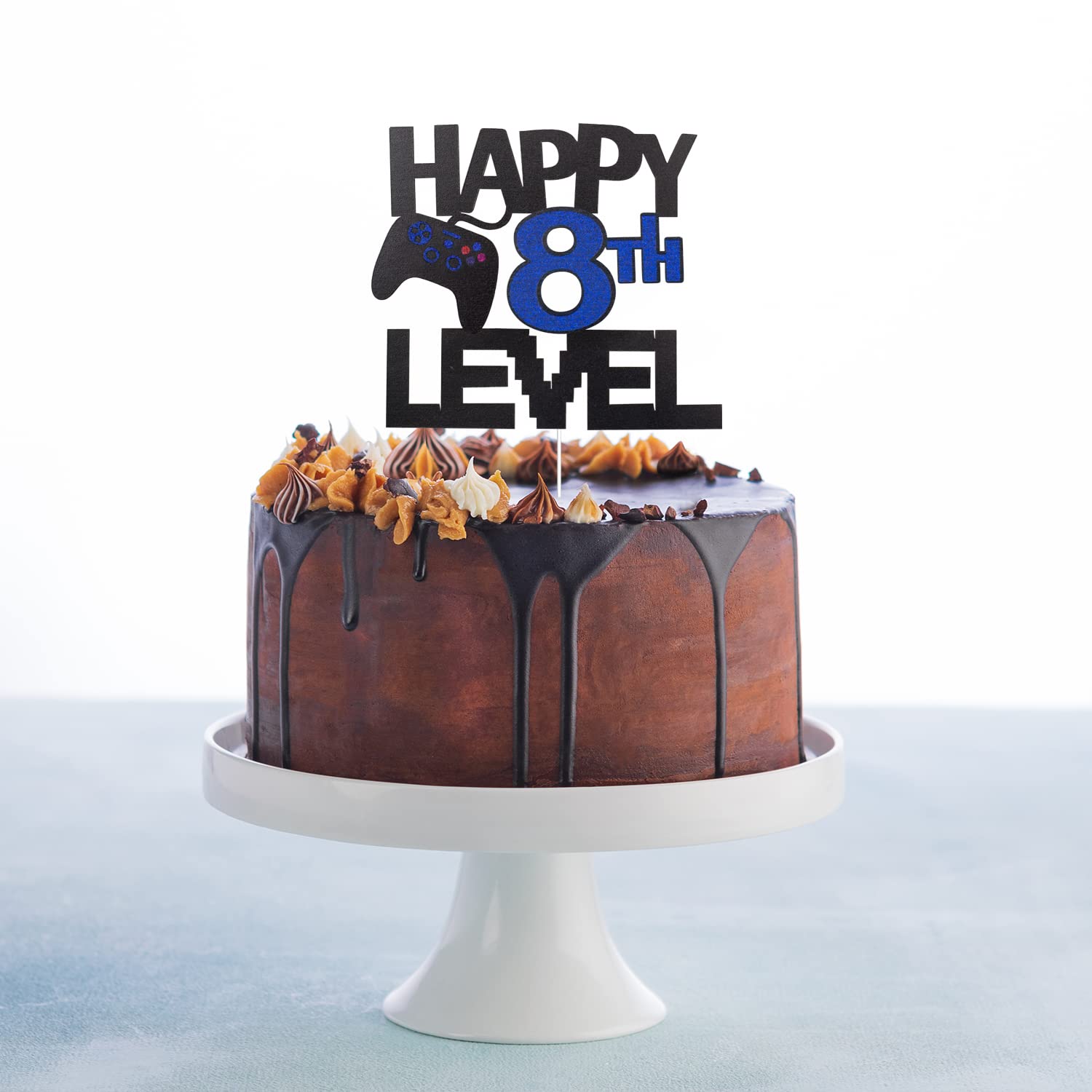 Blue Glitter Happy 8th Birthday Video Game Cake Topper - Gamer Level 8 Unlocked Party Decoration for Boys & Girls - Perfect for Birthday Cakes, Cupcakes, and Gaming Themed Parties