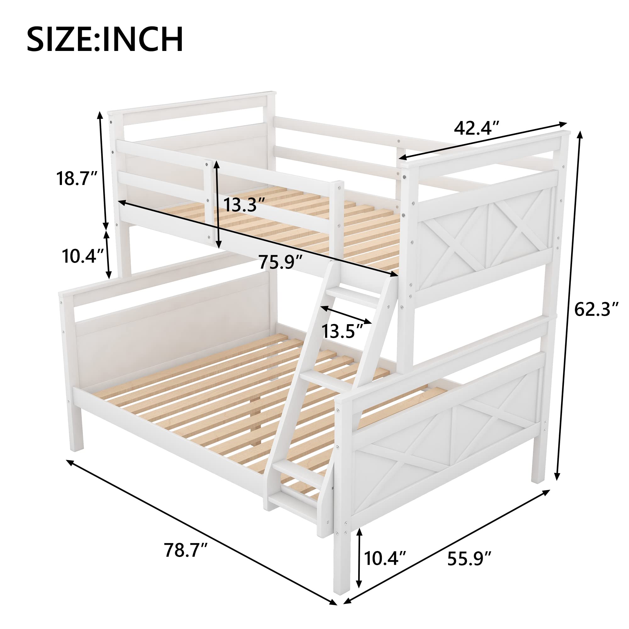 Bellemave Twin Over Full Bunk Bed - Solid Wood Bunk Bed Frame with Ladder & Safety Guardrail for Kids, Teens & Adults - White | Perfect for Small Bedrooms, Guest Rooms & Vacation Homes