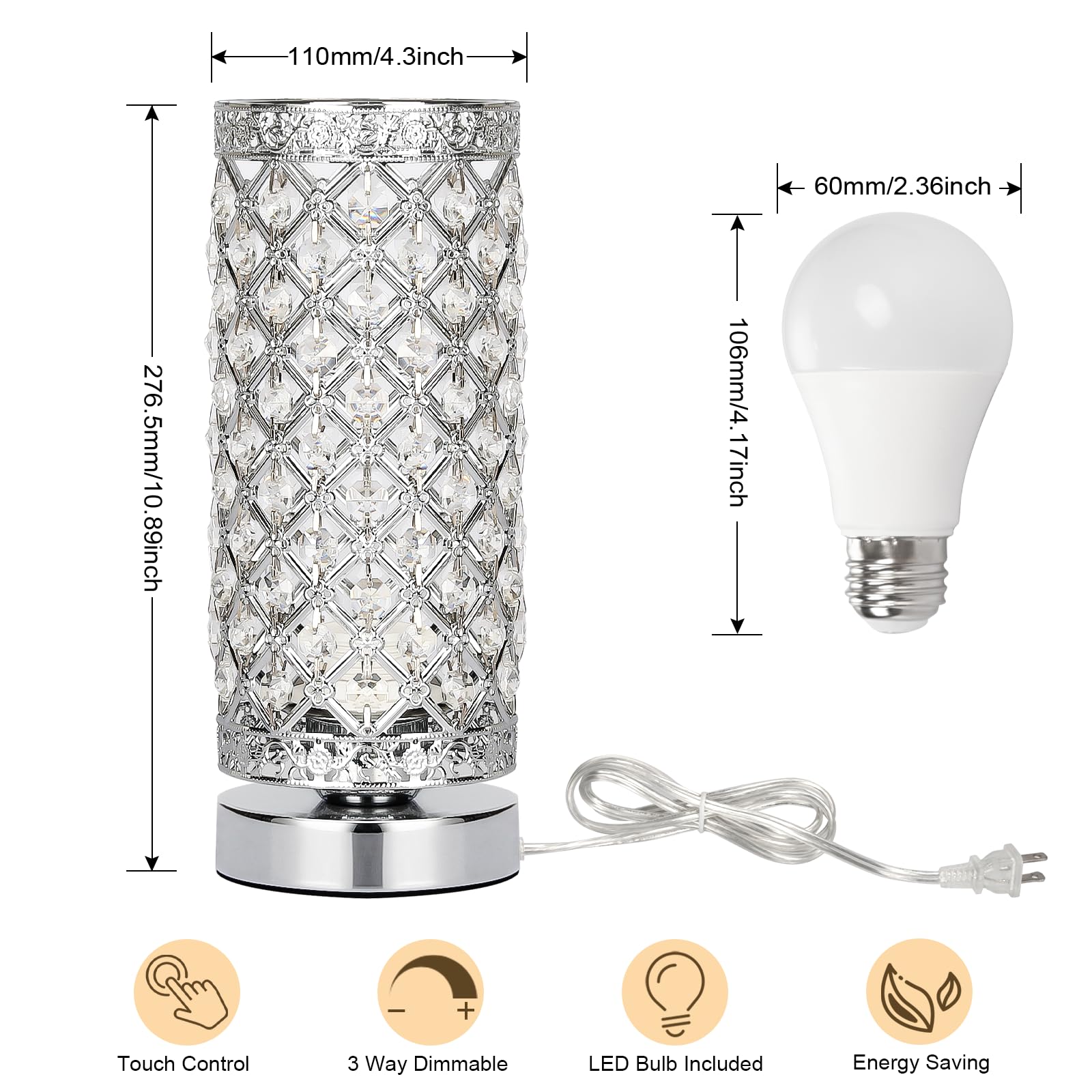 Crystal Table Lamp - Touch Control Dimmable Modern Desk Lamp with Silver Shade, Night Light for Bedroom, Living Room & Kitchen | Coastal Decor, Reading Light, Home Office Lighting