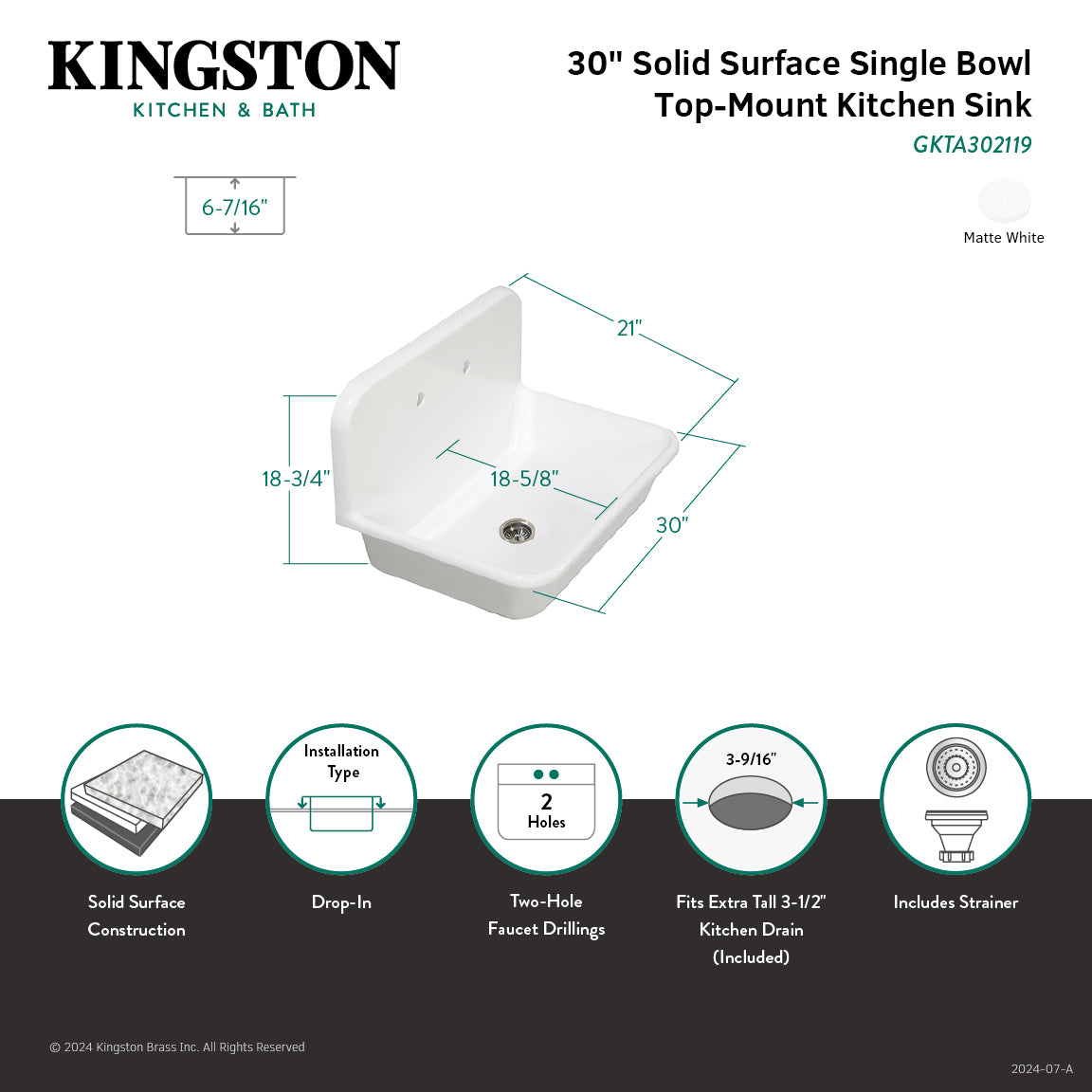 Arcticstone GKTA302119 30-Inch White Solid Surface Kitchen Sink - Single Bowl Top Mount with Backsplash & Strainer, Matte Finish - Perfect for Modern Farmhouse & Contemporary Kitchen Remodels