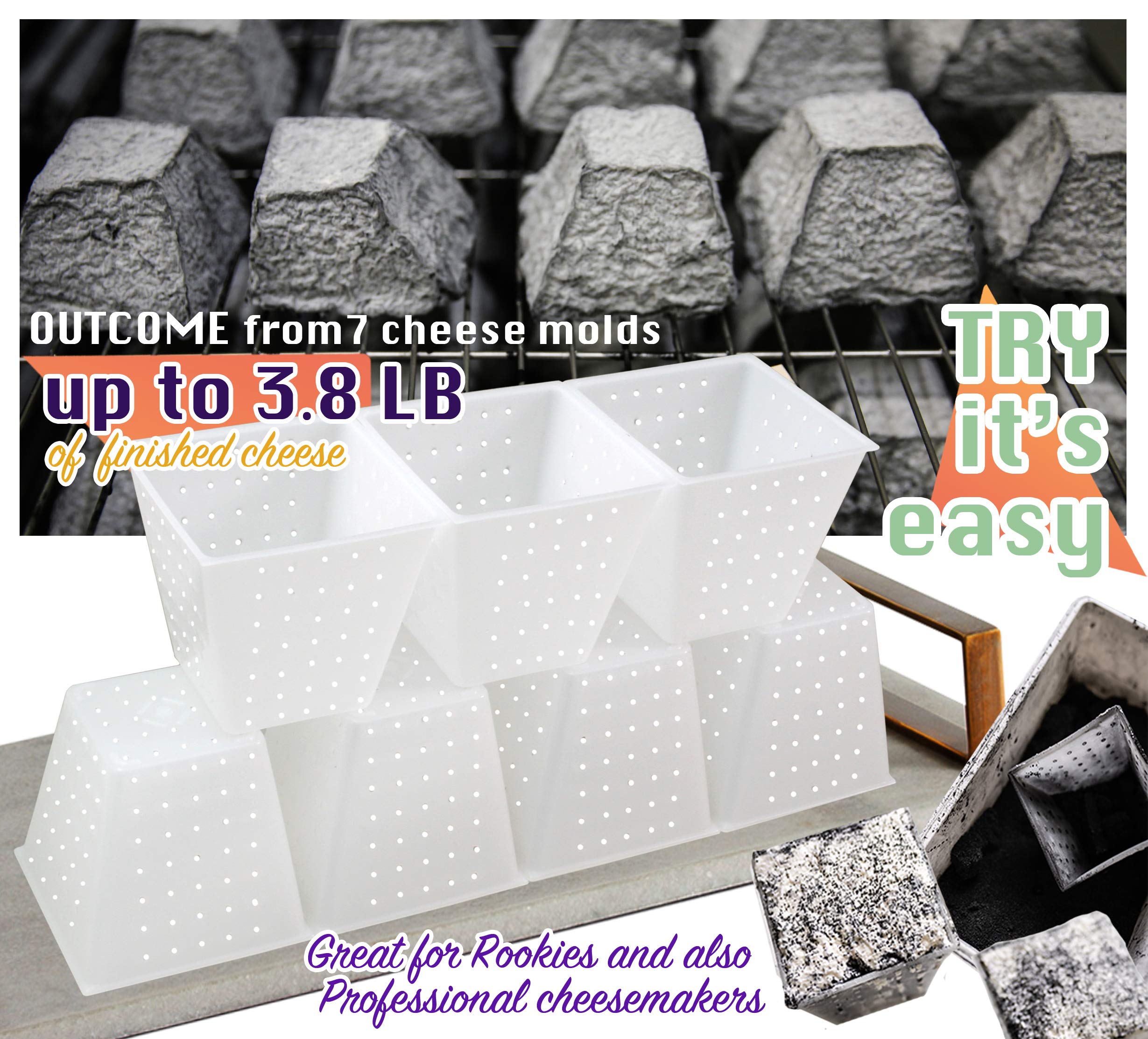 7-Piece Small Cheese Mold Pyramid Set (0.45QT) - Food-Grade Soft Cheese Molds for Homemade Feta, Cream Cheese & Fresh Cheese Making - DIY Cheese Making Supplies & Tools - Perfect for Artisan Cheesemaking, Home Kitchens & Gifts
