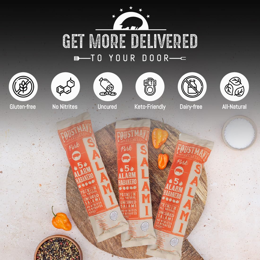 Foustman's Artisanal 5 Alarm Habanero Salami Pork Sticks - Nitrate-Free, Naturally Cured, Gluten-Free & Dairy-Free (8 Oz) | Perfect for Camping, Hiking & Keto Snacks