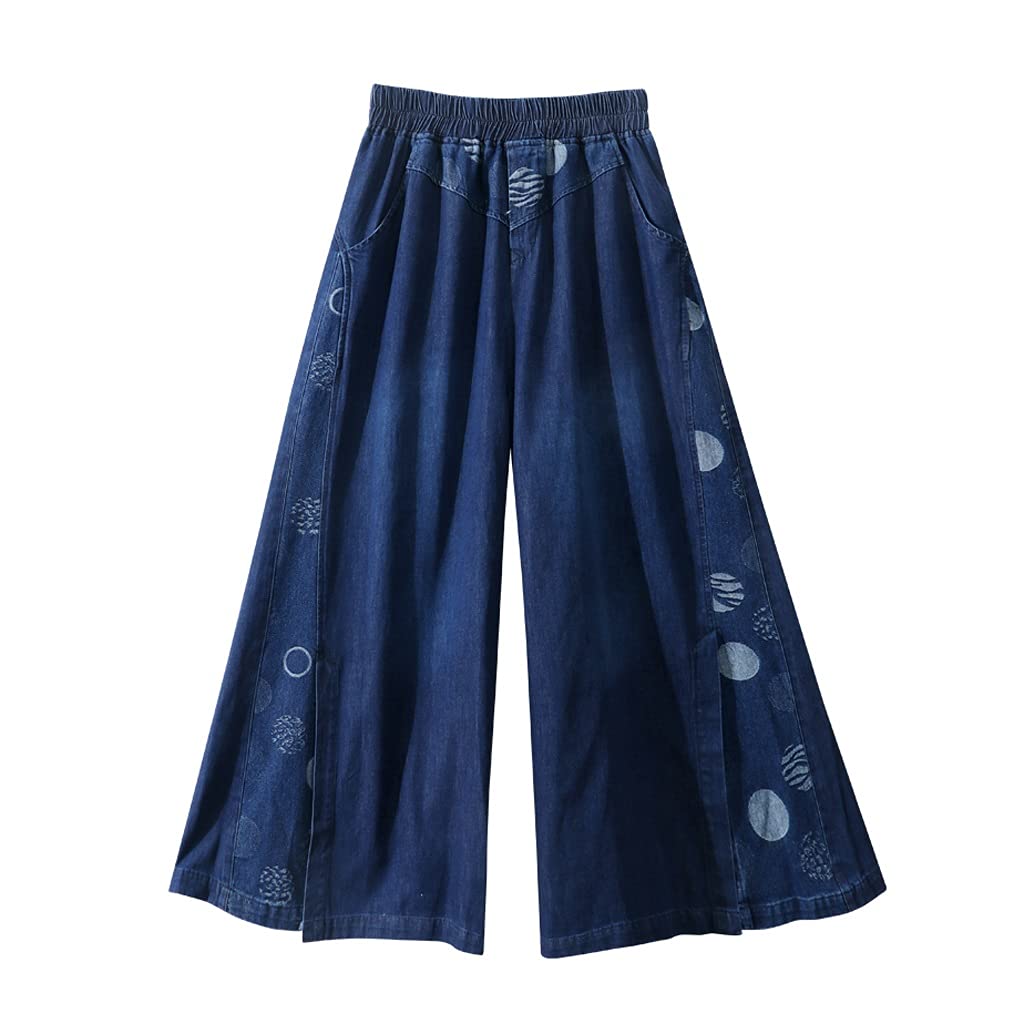Women's Wide Leg Long Pants - Printed Denim Jeans with Elastic Waist & Pockets | Blue One Size | Casual Comfort for Work, Travel & Everyday Wear