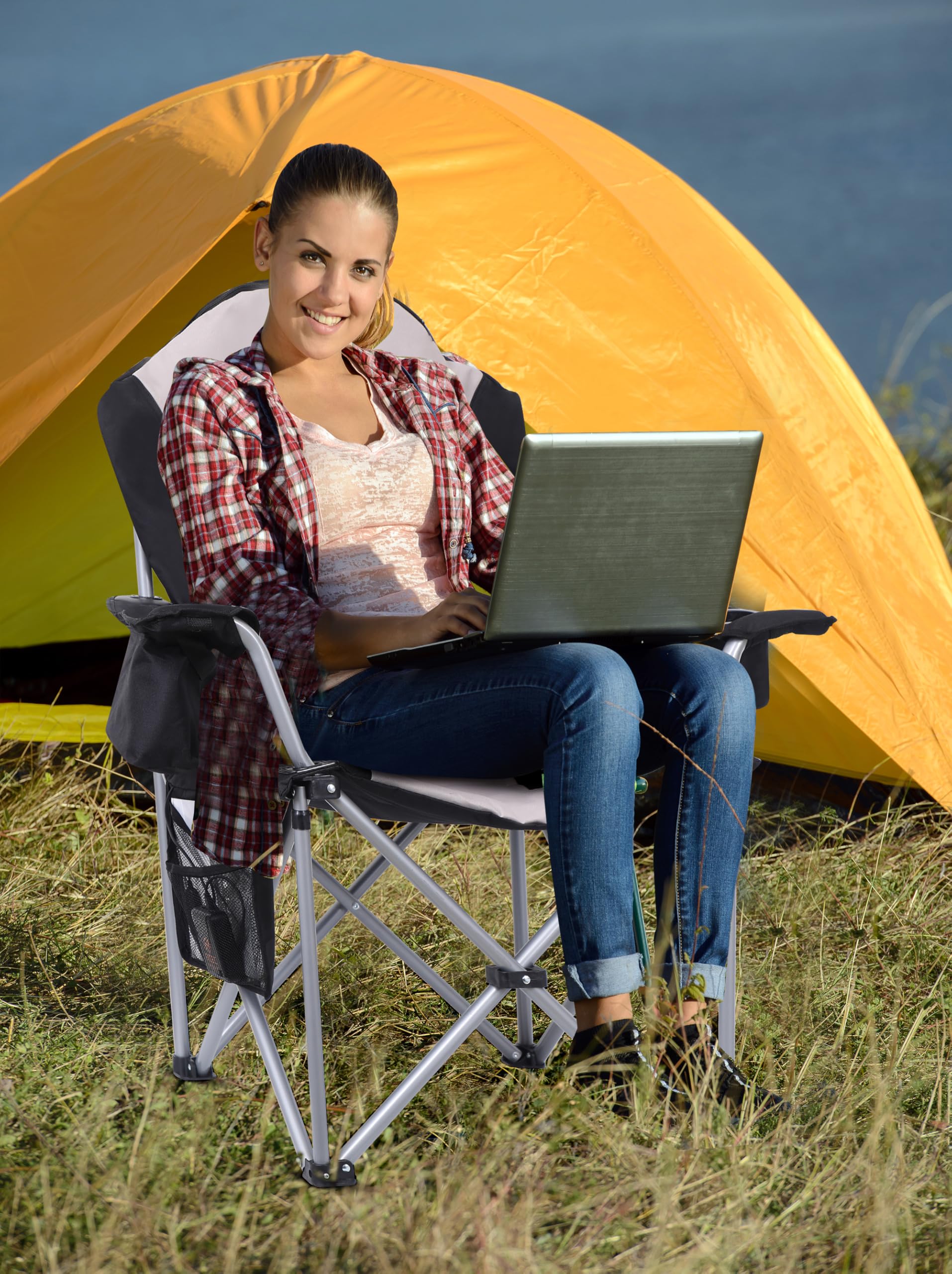Premium Outdoor Heated Chair - Portable Electric Camping Chair with Thick Padding, Heavy Duty Cooler, Carry Bag & Side Pockets - Includes 10000mAh Power Bank (2 Pack) - Perfect for Beach, Backyard, Picnics & Winter Camping