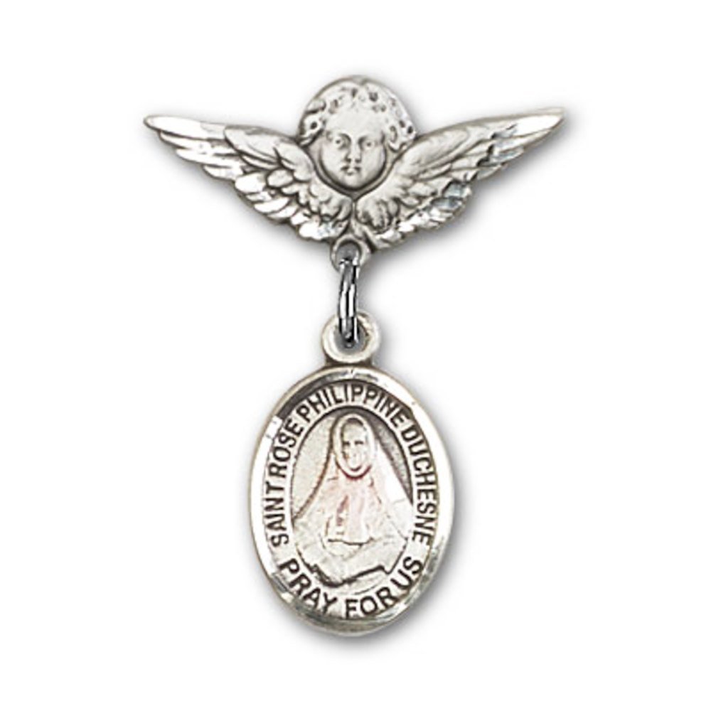 St. Rose Philippine Sterling Silver Baby Badge with Angel Wing Charm - 7/8 X 3/4 Inch Religious Pin for Baptism, First Communion & Christening Gifts
