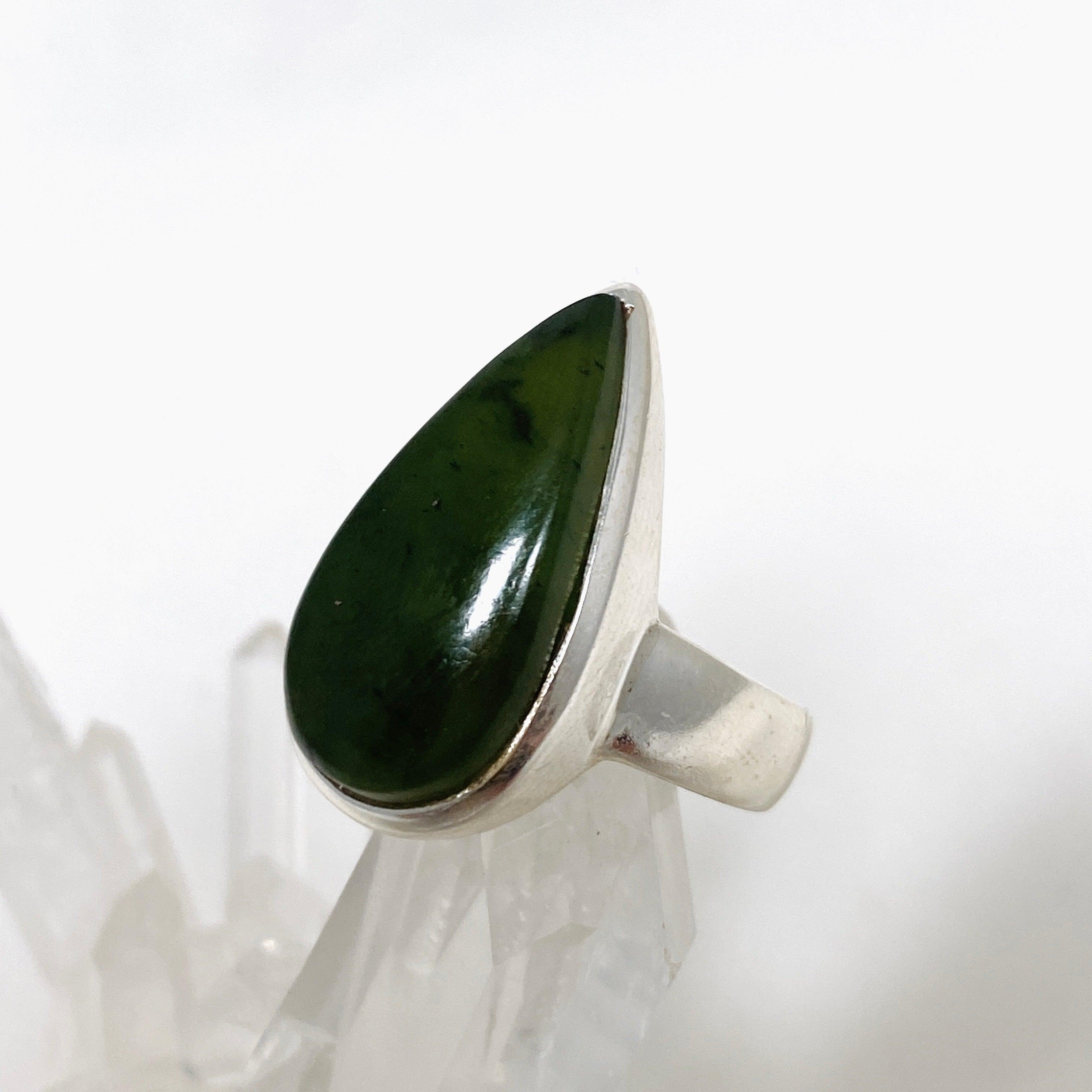 Natural Siberian Jade Nephrite Teardrop Ring - Size 9 PRGJ404 - Elegant Jewelry for Women, Perfect for Weddings, Parties & Special Occasions