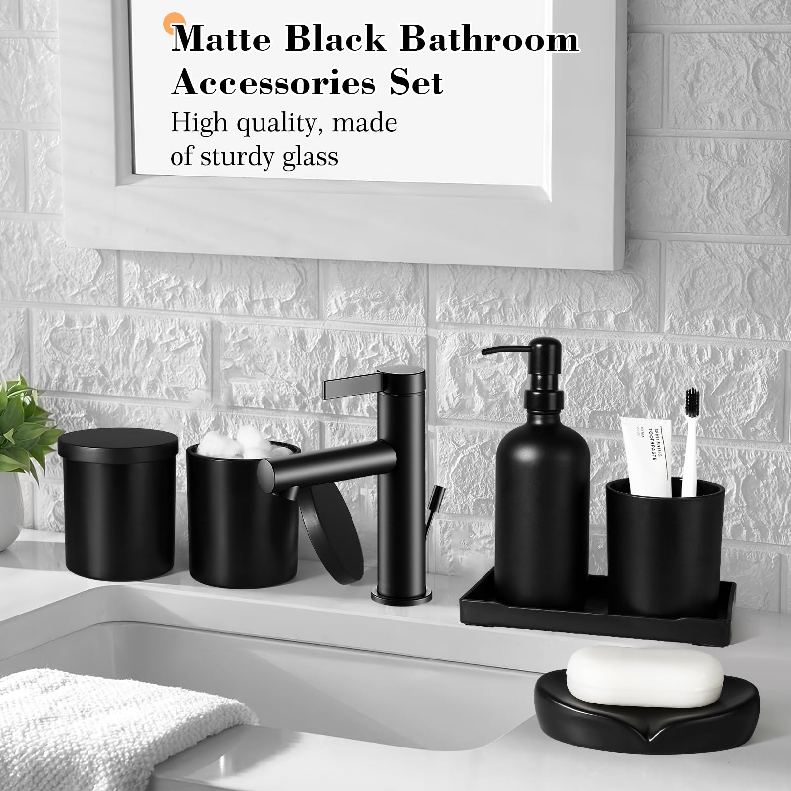 Premium 7-Piece Matte Black Bathroom Accessories Set - Includes Trash Can, Soap Dispenser, Toothbrush Holder, Soap Dish, Vanity Tray & Q-Tip Holder - Modern Bathroom Decor for Home, Hotel & Spa Use
