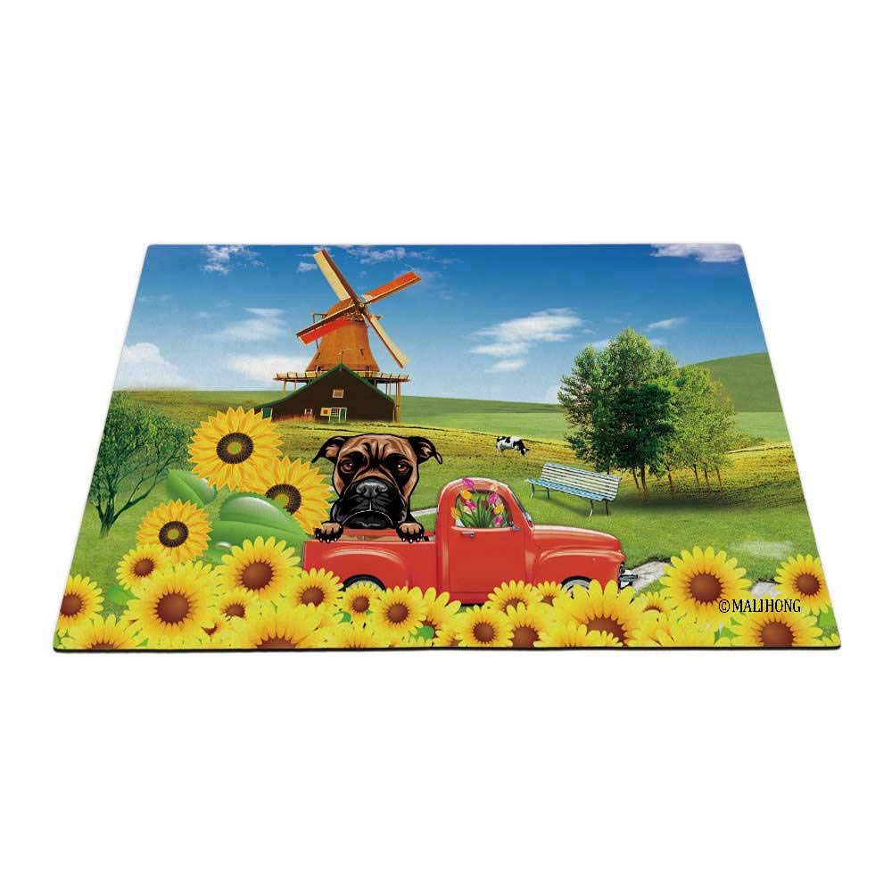 Vintage Farmhouse Dog Doormat - Peeking Boxer Dog in Red Retro Truck with Sunflowers & Windmill Design, 27.5 x 17.7 Inch, Non-Slip Entryway Rug for Front Door, Porch or Mudroom Decor