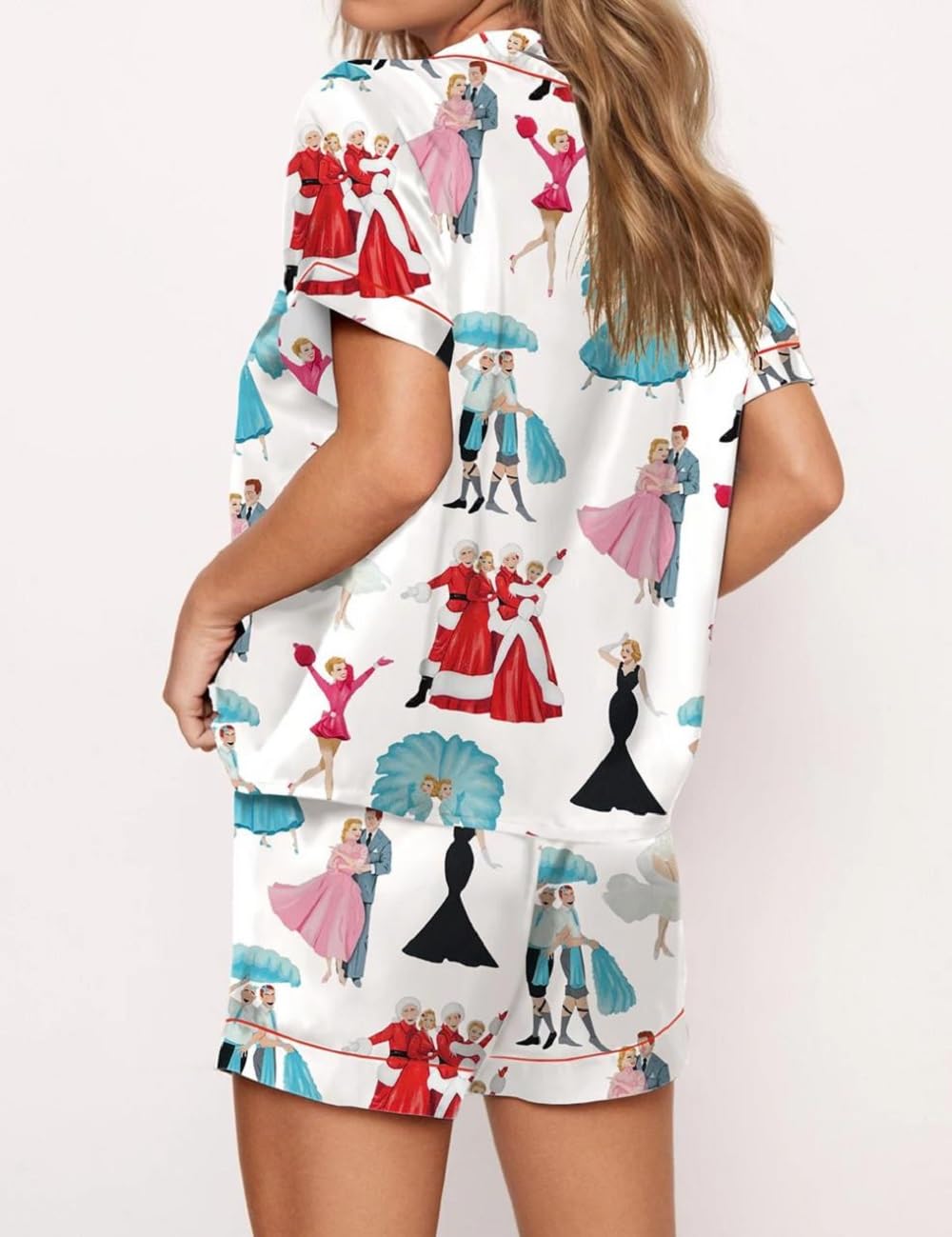 Juakoso Women's Christmas Pajama Set - Trendy Holiday Print Button Down Lounge Wear - Soft Silk Satin 2 Piece Sleepwear - Y2K Style Pajamas for Cozy Nights & Festive Family Gatherings