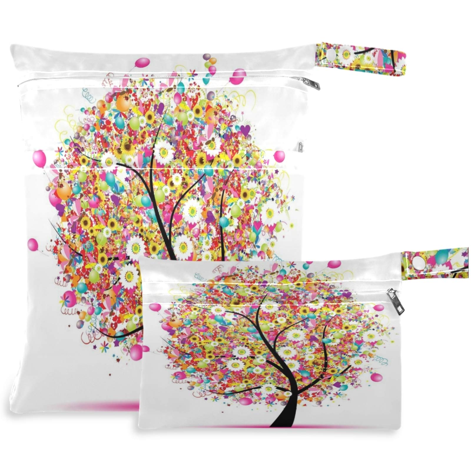 Visesunny 2-Pack Colorful Sunflower Wet Bags with Zipper Pockets - Reusable Washable Waterproof Storage for Diapers, Swimsuits & Gym Clothes - Perfect for Travel, Beach, Pool, Daycare & Stroller Organization