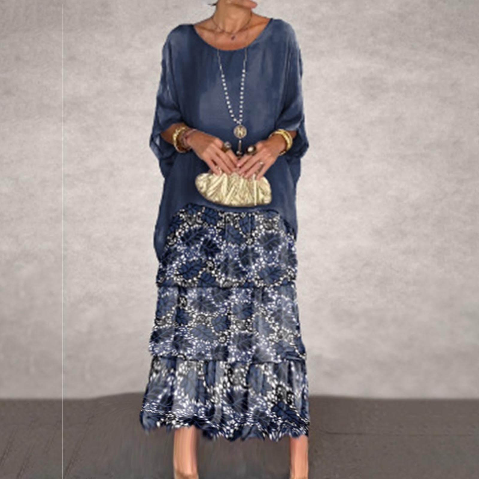 Boho Floral Print Maxi Dress 2-Piece Set for Women - Elegant Long Dress with Loose Blouse Top for Wedding Guest, Beach Vacation & Summer Party Outfits