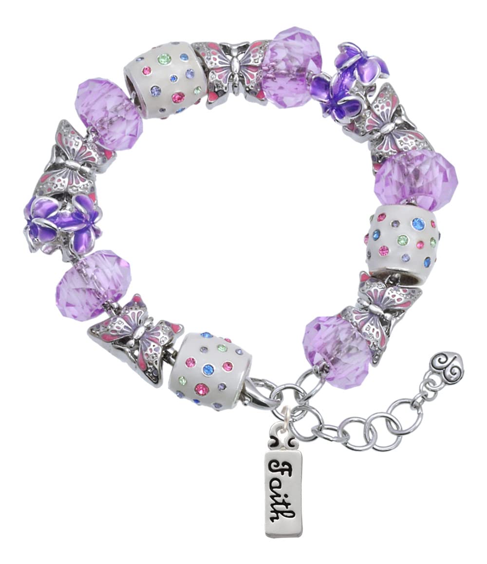 Delight Jewelry Silvertone Faith Purple Butterfly Bead Charm Bracelet - 7