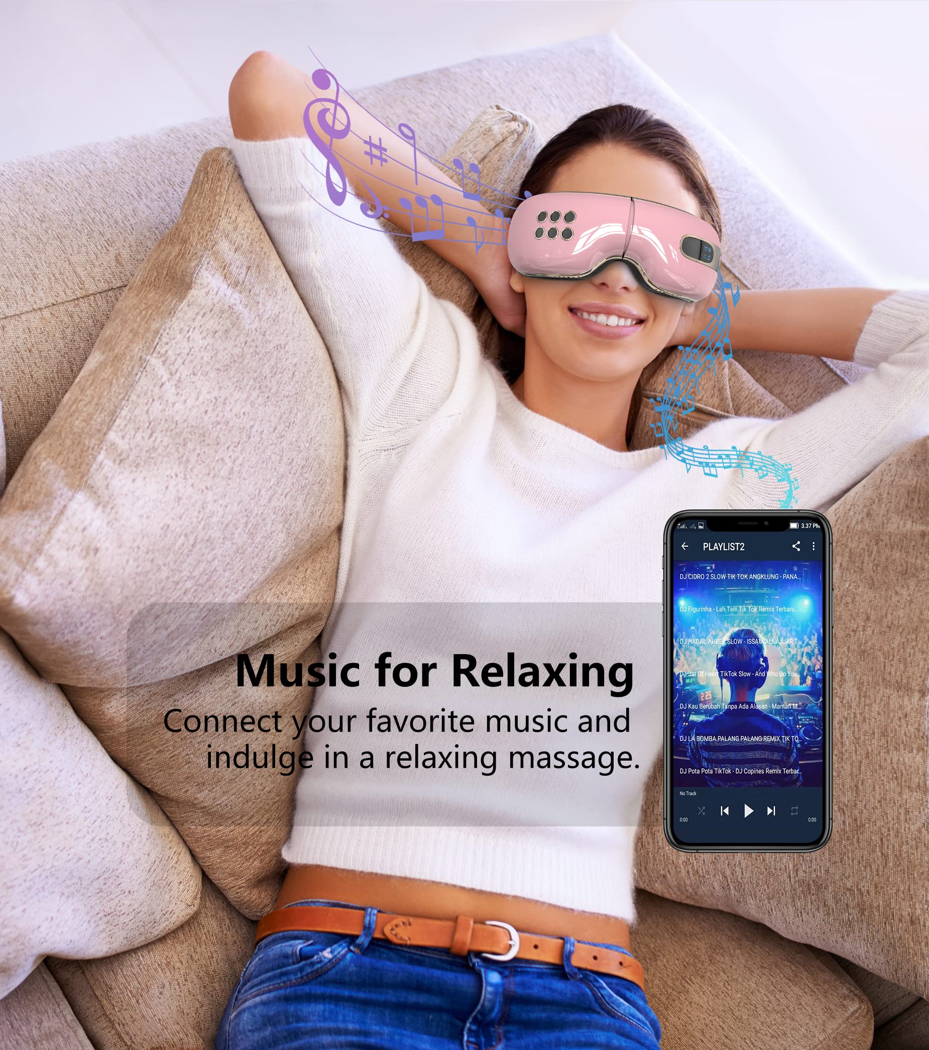 Heated & Cooling Eye Massager for Relaxation - Relieves Eye Strain, Dry Eyes, Dark Circles & Puffiness | Bluetooth Music Eye Mask for Better Sleep | Perfect Gift for Women & Men (Pink) - Ideal for Office Workers, Students & Travelers