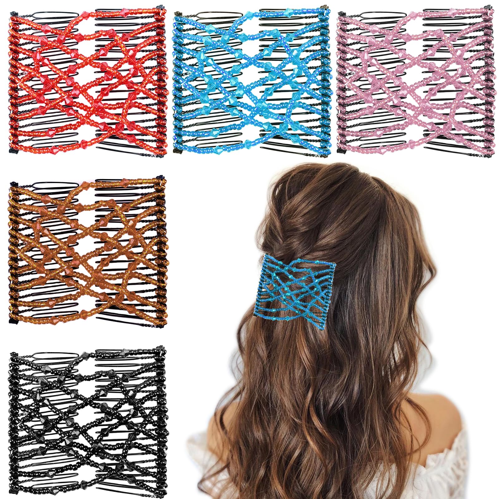 5-Piece Stretchy Beaded Hair Accessories Set - Adjustable Elastic Hair Clips & No-Crease Pins for Curly, Thick & Wavy Hair - Vintage Bun Makers for Women & Girls - Perfect for Ponytails, Updos & Everyday Hairstyles
