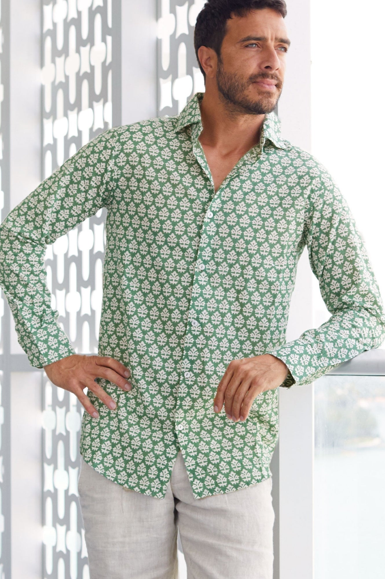 Men's Stylish Printed Cotton Shirt - Batik Khaki Design | Comfortable Casual Wear for Summer Outings & Beach Vacations