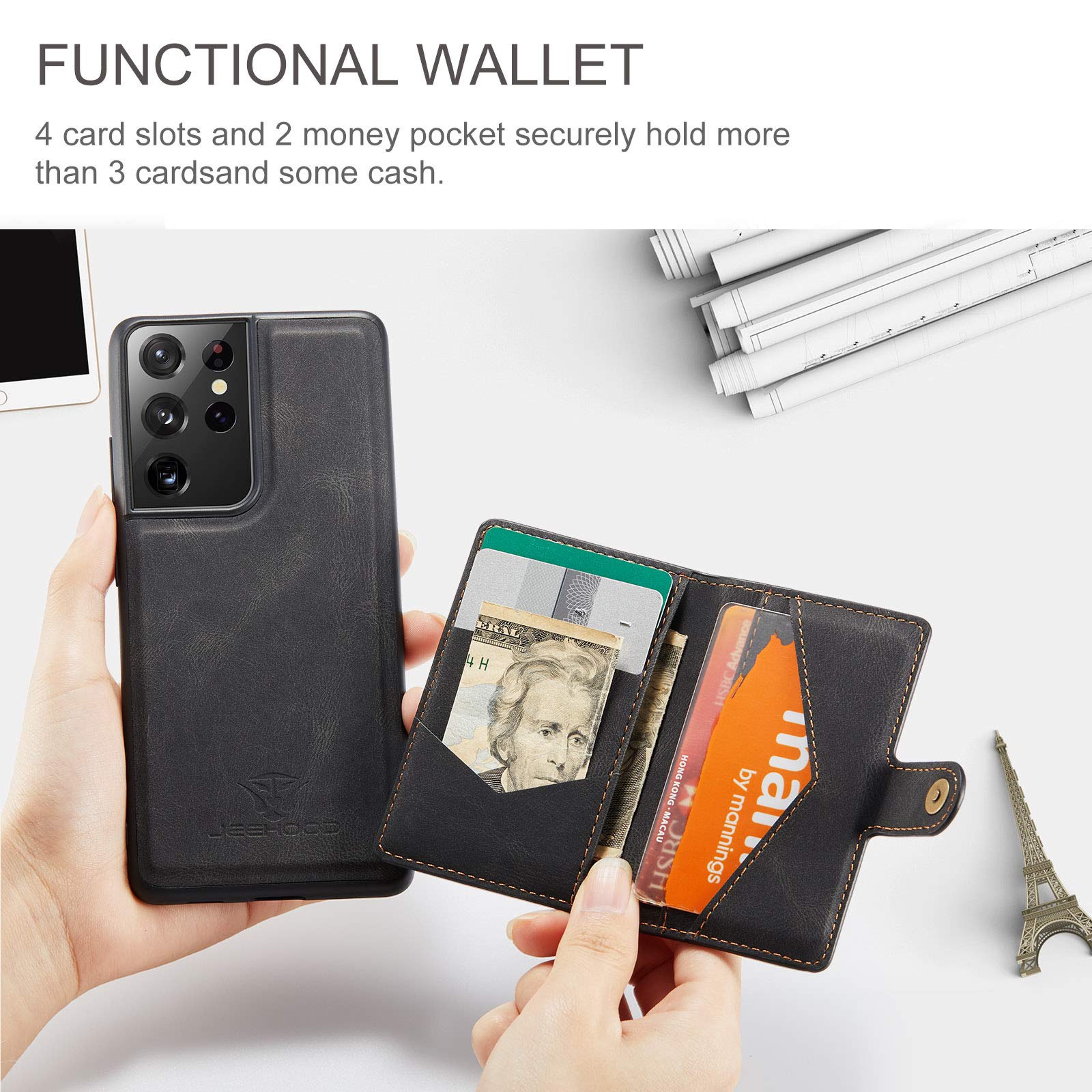 Magnetic Wallet Case for Samsung S21 Ultra - Detachable Leather Credit Card Holder with Money Clip | Front Pocket Stand | Shockproof & Wireless Charging Compatible | for Men & Women (Black) | Perfect for Everyday Use, Travel & Business Meetings