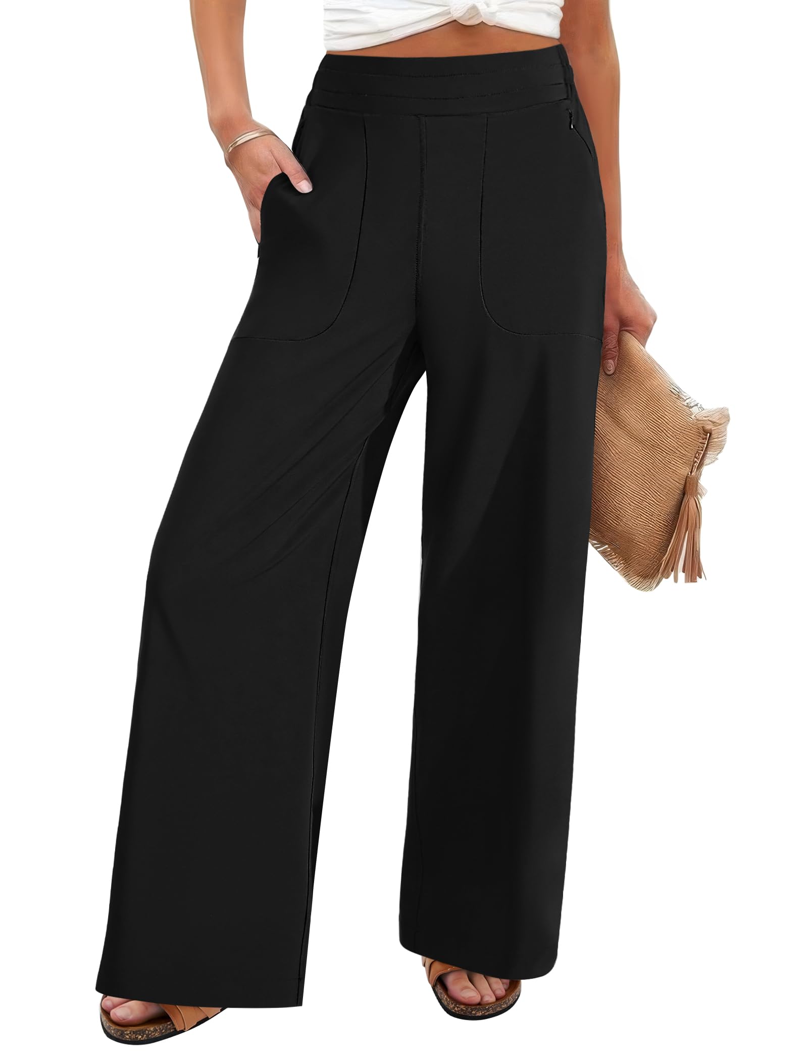 FireSwan Women's Wide Leg Palazzo Pants - High Elastic Waist Work Pants with Zipper Pockets - Comfortable Office & Business Casual Trousers for Professional Women