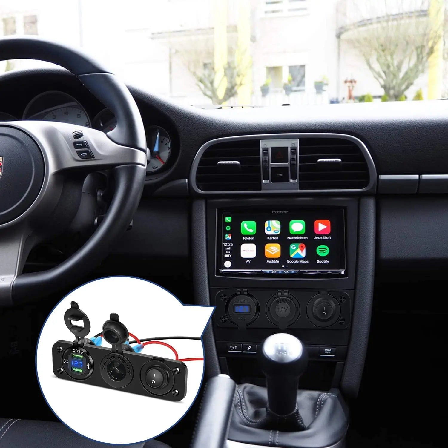 4 in 1 ON/OFF Blue LED Charger Socket Panel with Dual QC 3.0 USB Ports & Voltmeter - 12V/24V Cigarette Lighter Power Outlet for Cars, Trucks, Boats, RVs - Perfect for Charging Phones, Tablets & Powering Devices On The Go