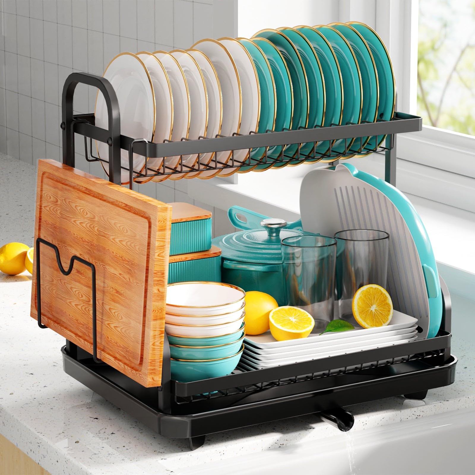 Stainless Steel Dish Drying Rack for Kitchen Countertop - 2-Tier Space Saving Dish Drainer with Utensil Holder | Large Capacity Rustproof Kitchen Organizer | Perfect for Small Apartments & Compact Kitchens (Black)