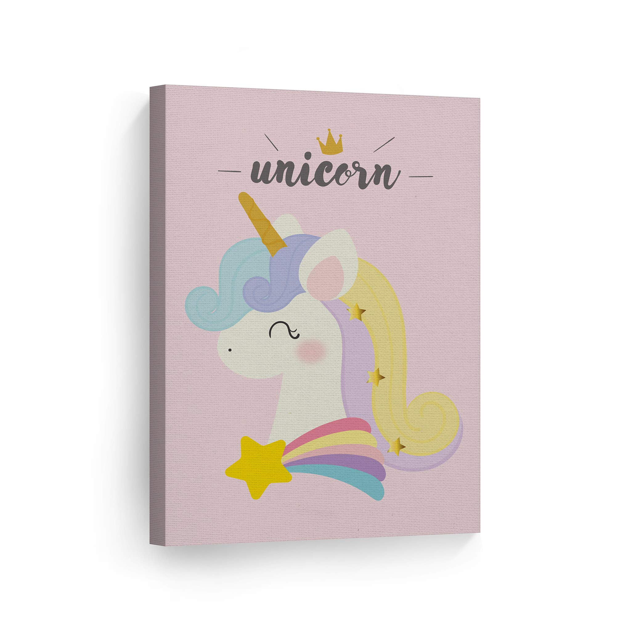 Smile Art Design Cute Unicorn Rainbow Wall Art - Pink Background Canvas Print (12x8 inches) - Perfect for Kids Room Decor, Nursery Wall Art & Baby Room Decor - Ready to Hang, Made in USA | Ideal for Birthday Gifts, Children's Bedroom & Playroom Decor