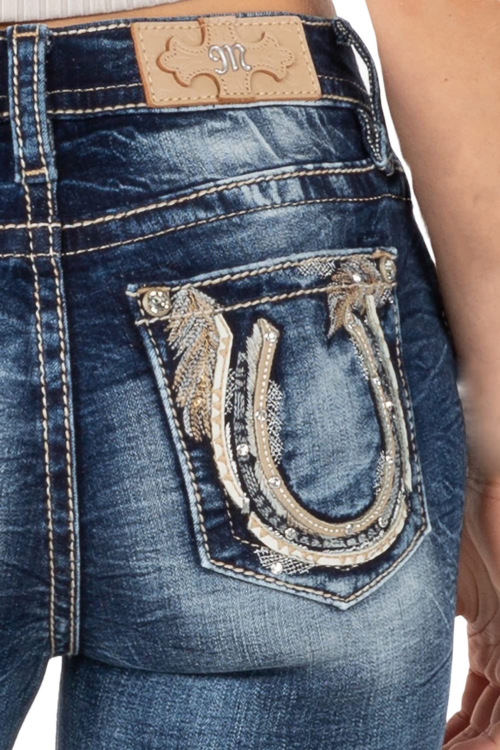 Miss Me Women's Mid Rise Feather & Broken Horseshoe Boot Cut Jeans - Stylish Denim Pants for Casual Wear, Night Out & Western Fashion