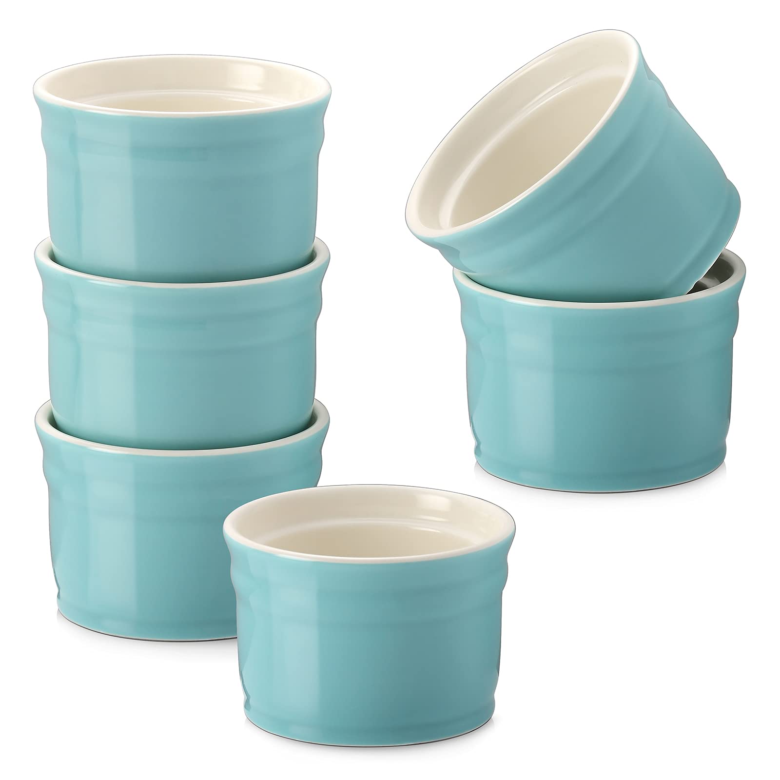 DOWAN 8 oz Porcelain Ramekins Set of 6 - Oven Safe Baking Dishes for Creme Brulee, Souffle, Custard & Pudding | Turquoise Dessert Bowls for Home Kitchen & Restaurant Use
