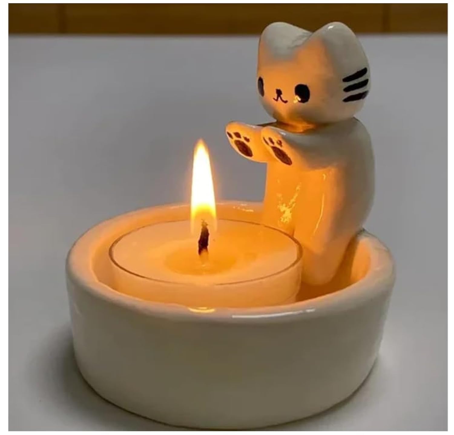 Handmade Ceramic Kitten Candle Holder - Cute Cartoon Kitty Warming Paws Candlestick for Cat Lovers | Perfect Gift for Birthday, Christmas & Home Decor (Candles Not Included) | Ideal for Cozy Nights, Romantic Dinners & Cat-Themed Parties