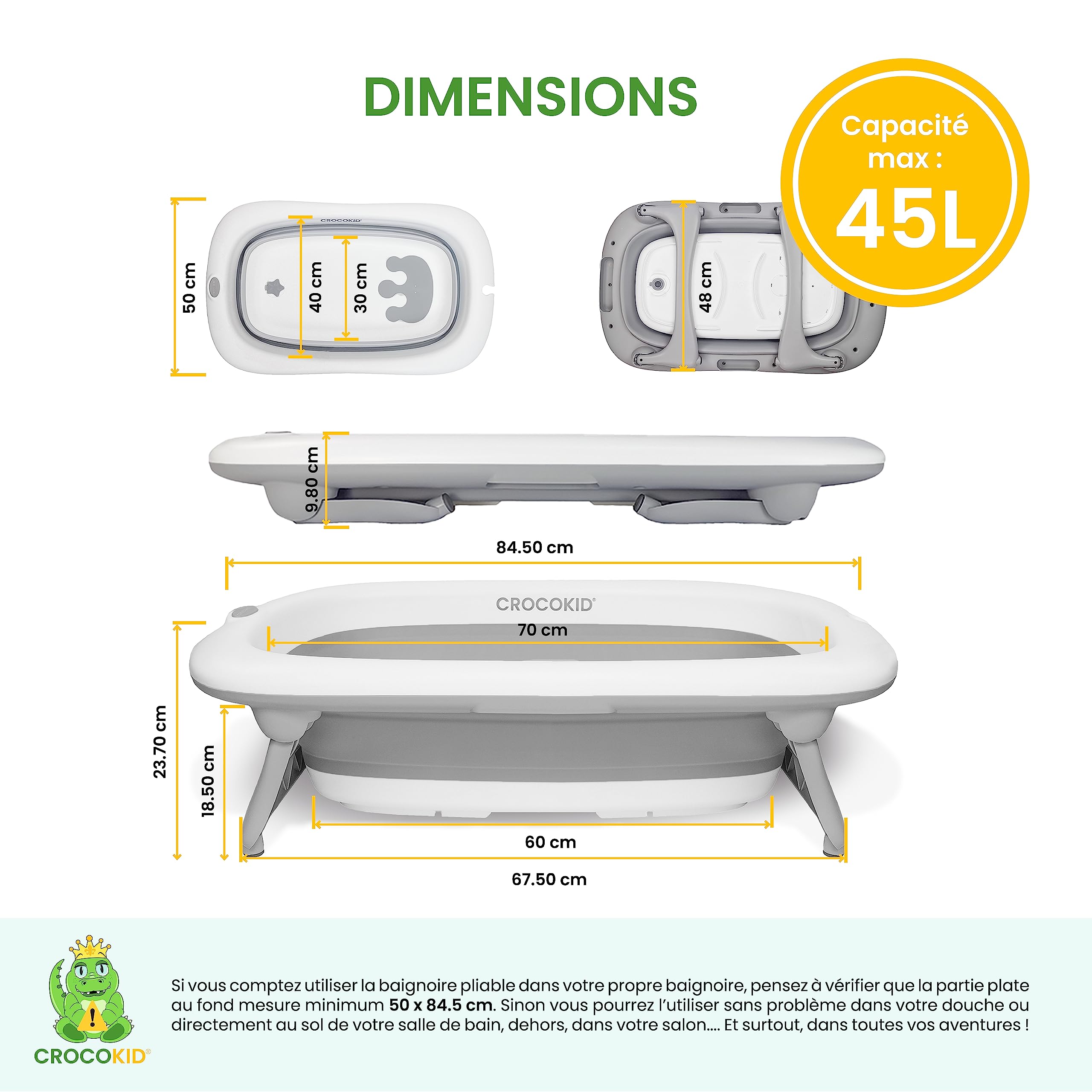 CROCOKID® Foldable Baby Bathtub Set for Newborn to 5 Years - Large Infant Bath with Cushion, Mat & Thermometer - Portable Baby Bathing Essentials for Home, Travel & Daycare Use