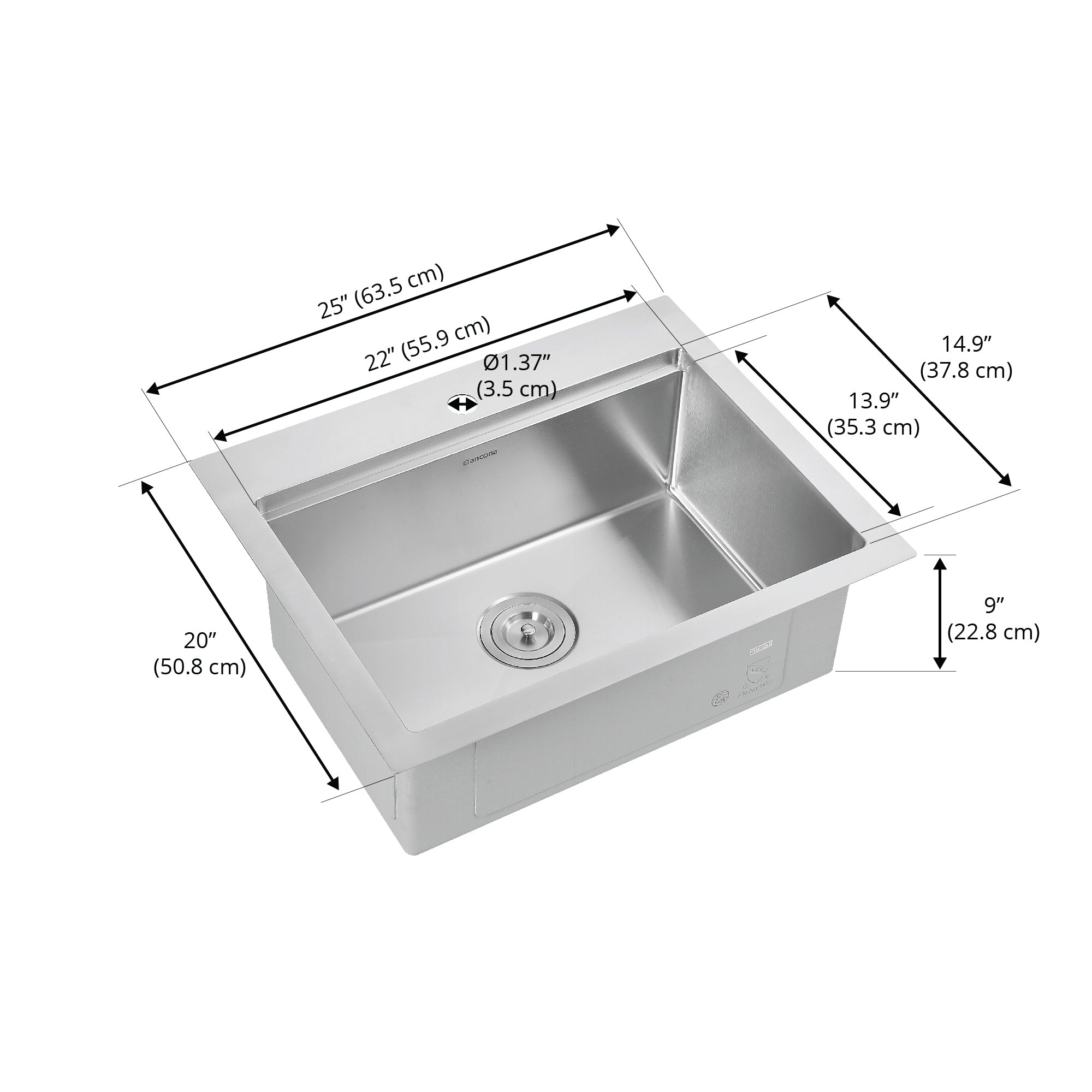 Ancona 25-Inch Handmade Drop-In Single Bowl Workstation Kitchen Sink with Accessories - Satin Stainless Steel for Modern Home & Restaurant Use