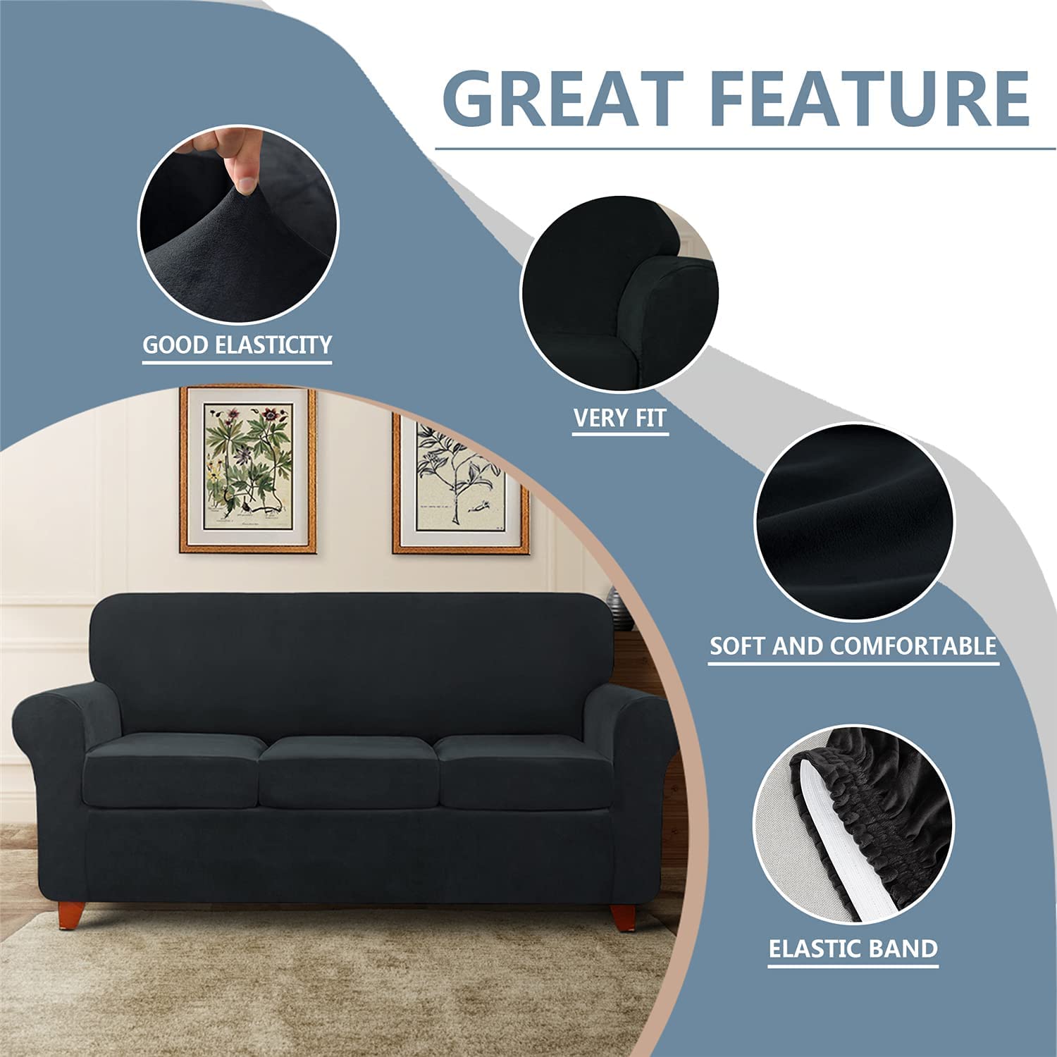 Velvet Stretch Sofa Slipcover with Separate Seat Cushion Covers - Super Soft Non-Slip Couch Cover Furniture Protector with Elastic Bands for 3-Seater Sofa (Black) | Perfect for Living Room, Home Decor & Furniture Protection