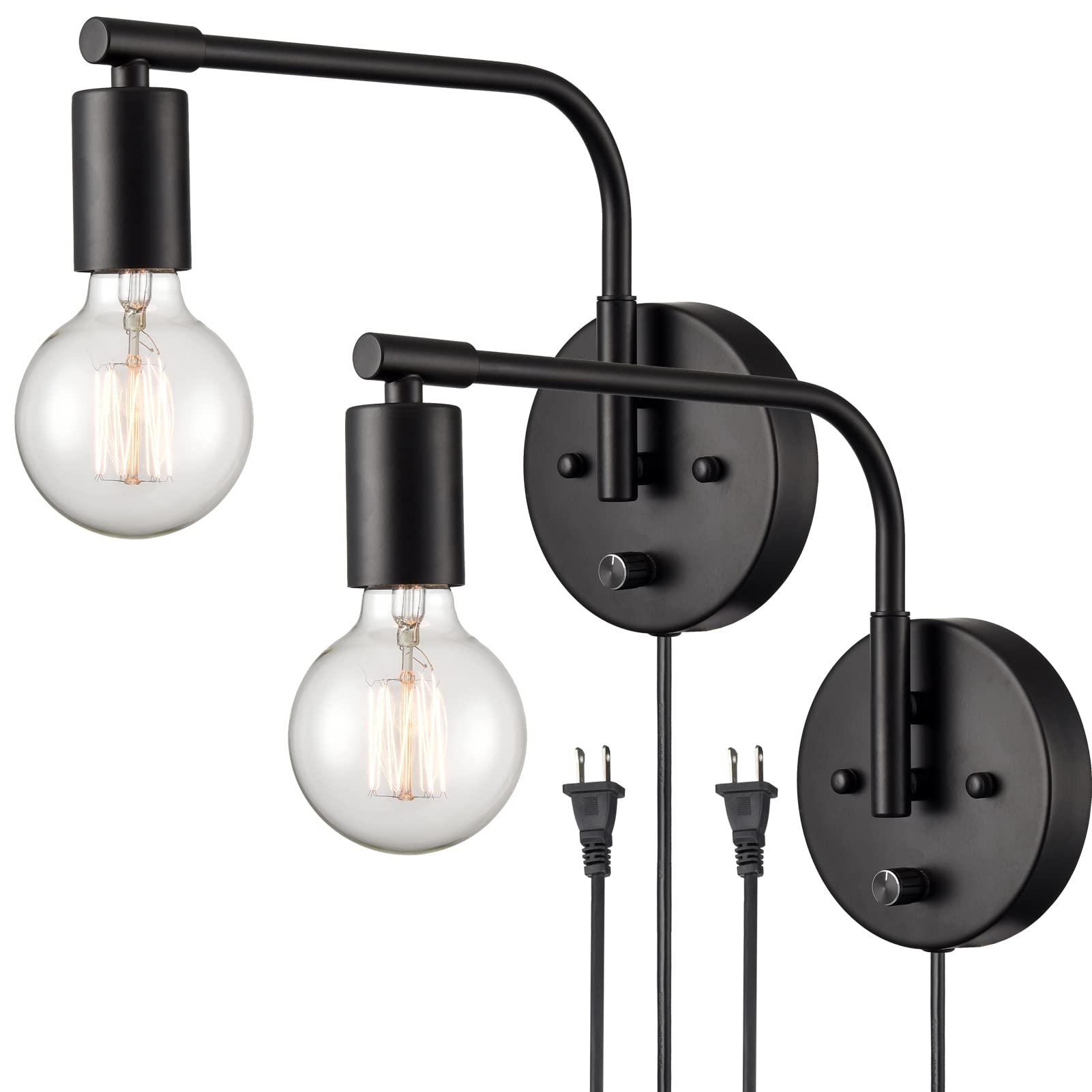 Modern Farmhouse Black Wall Sconces - Set of 2 Plug-in Swing Arm Wall Lamps with Switch - Perfect for Bedroom, Living Room & Home Office Lighting Decor