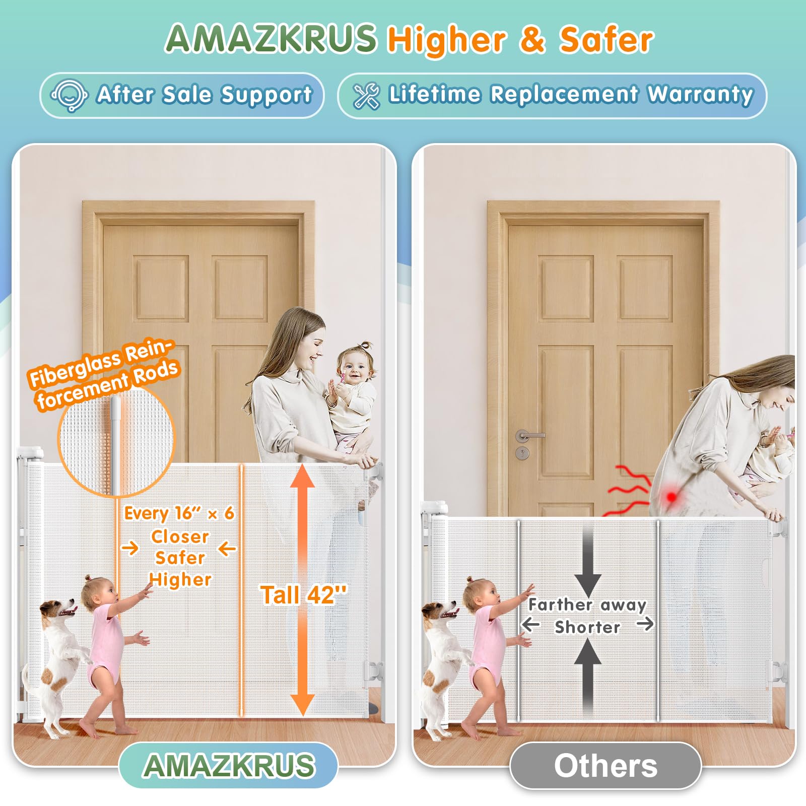 42'' Extra Tall & 120'' Wide Retractable Baby Gate - Upgraded Mesh Safety Barrier for Stairs, Doorways, Decks - Indoor/Outdoor Use for Babies, Pets & Toddlers - Perfect for Home, Nursery, and Play Areas