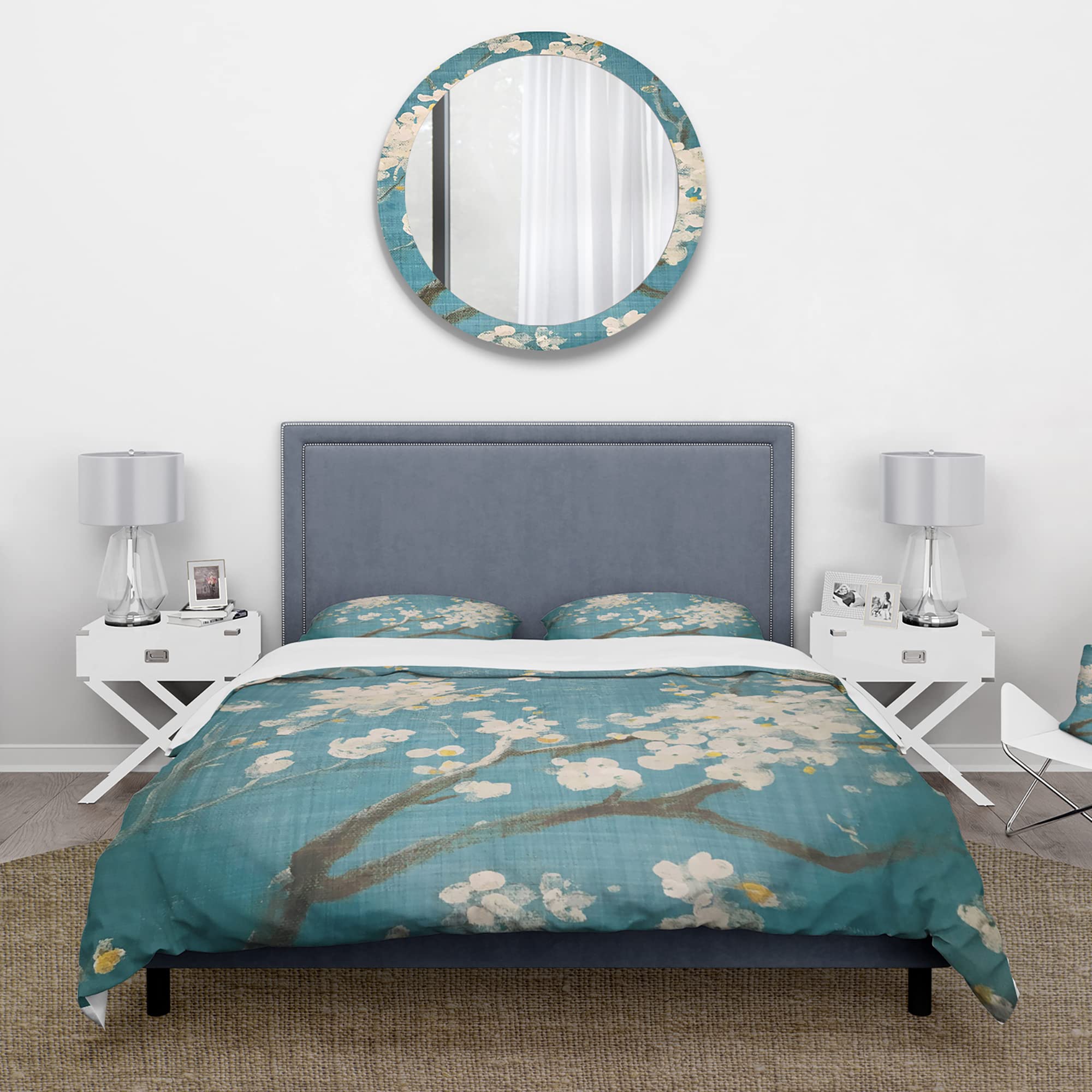 DesignQ Blue Cherry Blossoms II Cabin & Lodge Duvet Cover Set - Queen Size Floral Bedding (3-Piece) for All Seasons | Perfect for Rustic Bedrooms, Guest Rooms & Cozy Cabins