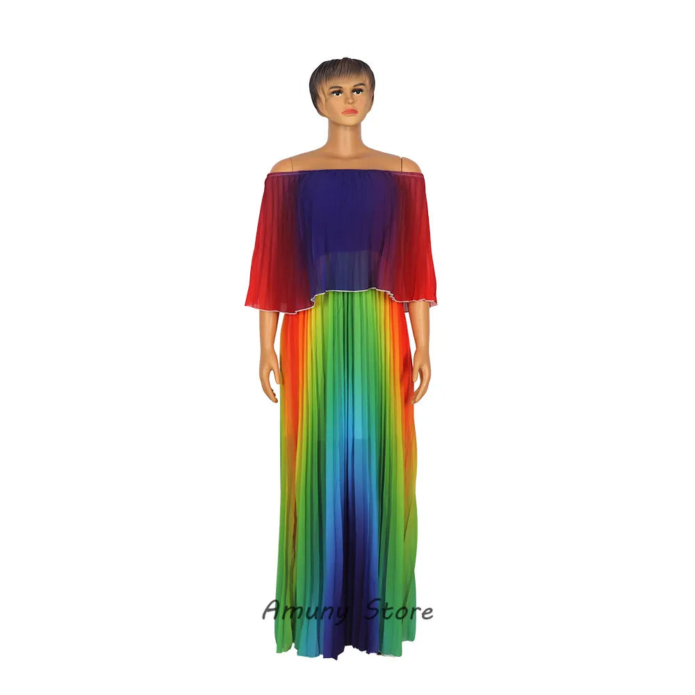 African Print Maxi Dress for Women - Off Shoulder Loose Fit Plus Size Rainbow Pleated Long Dress - Perfect for Beach, Vacation, and Summer Parties