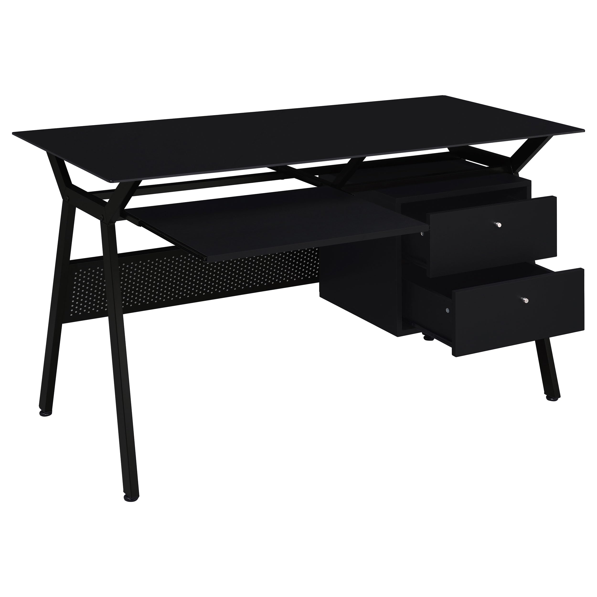 Modern 55-Inch Office Computer Desk with Black Tempered Glass Top - 2-Drawer Storage Workstation (55