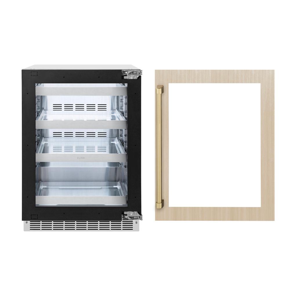 ZLINE Autograph Edition 24 Inch Built-In Beverage Refrigerator - Touchstone 151 Can Capacity, Panel Ready Glass Door with Champagne Bronze Handle (RBSPOZ 24 CB) - Perfect for Home Bar, Kitchen, or Office Drink Storage