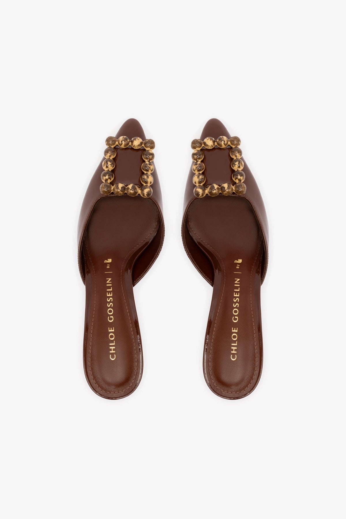 Chloe Gosselin by Larroudé Ava Mule - Brown Patent Leather Women's Shoes | Comfortable Heels for Work, Party & Evening Events