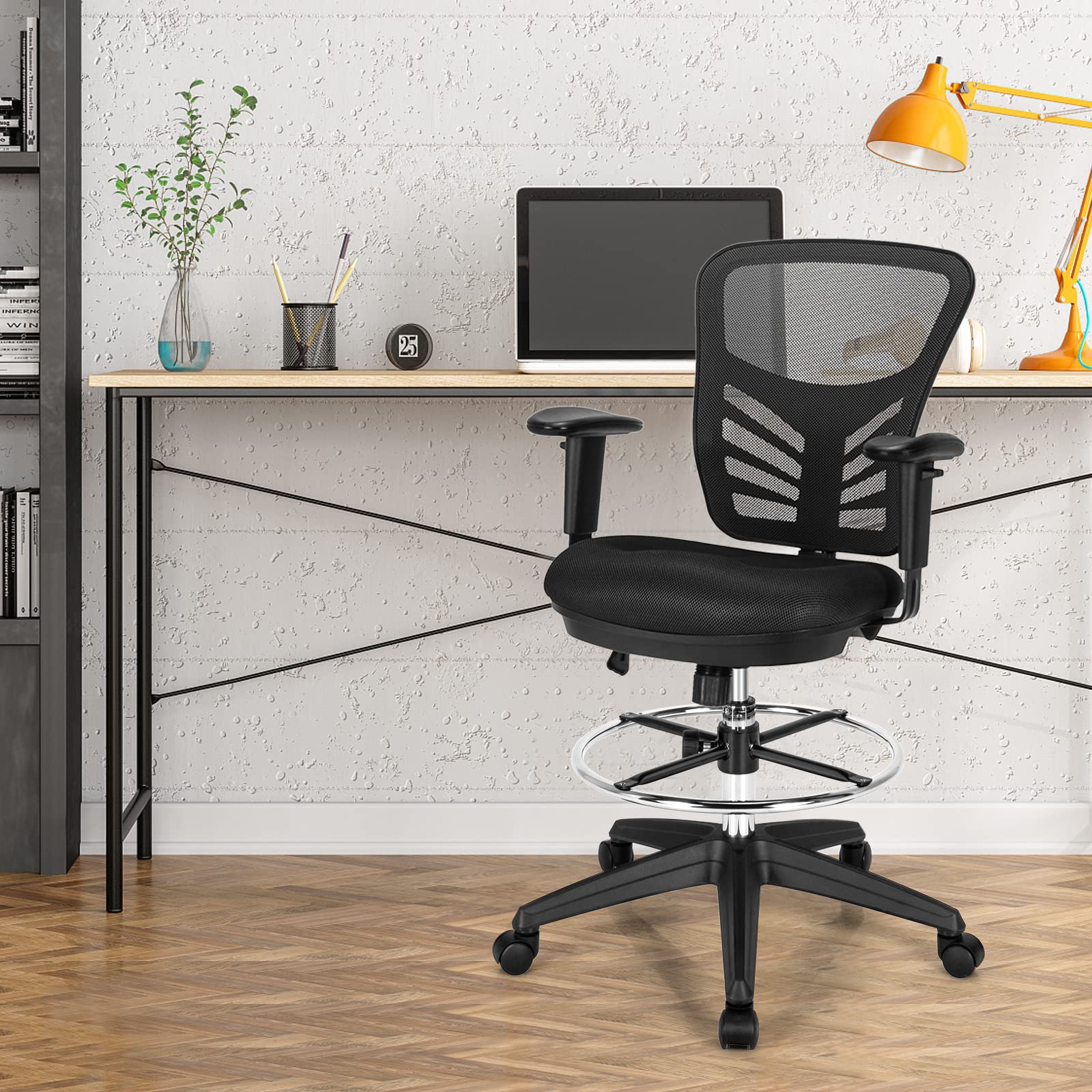 COSTWAY Ergonomic Mesh Office Chair with Adjustable Footrest & Armrests - Counter Height Standing Desk Chair, Rolling Height Adjustable Computer Drafting Chair for Home Office (Black) | Perfect for Long Work Hours, Gaming & Remote Work