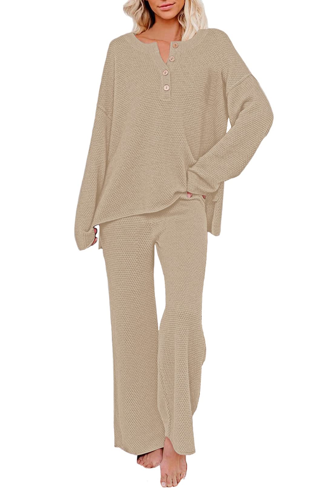 Women's 2-Piece Sweatsuit Set - Soft V-Neck Waffle Knit Sweater & Wide Leg Lounge Pants - Cozy Matching Outfit for Home, Yoga, and Casual Wear