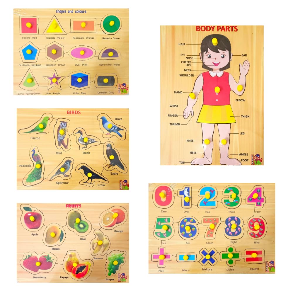 5-in-1 Wooden Learning Puzzle Set for Kids & Adults - Educational Toys for Toddlers 3+ Years (Shapes, Birds, Vegetables, Body Parts, Numbers 0-10) - Perfect for Homeschooling, Montessori Learning & Family Game Night