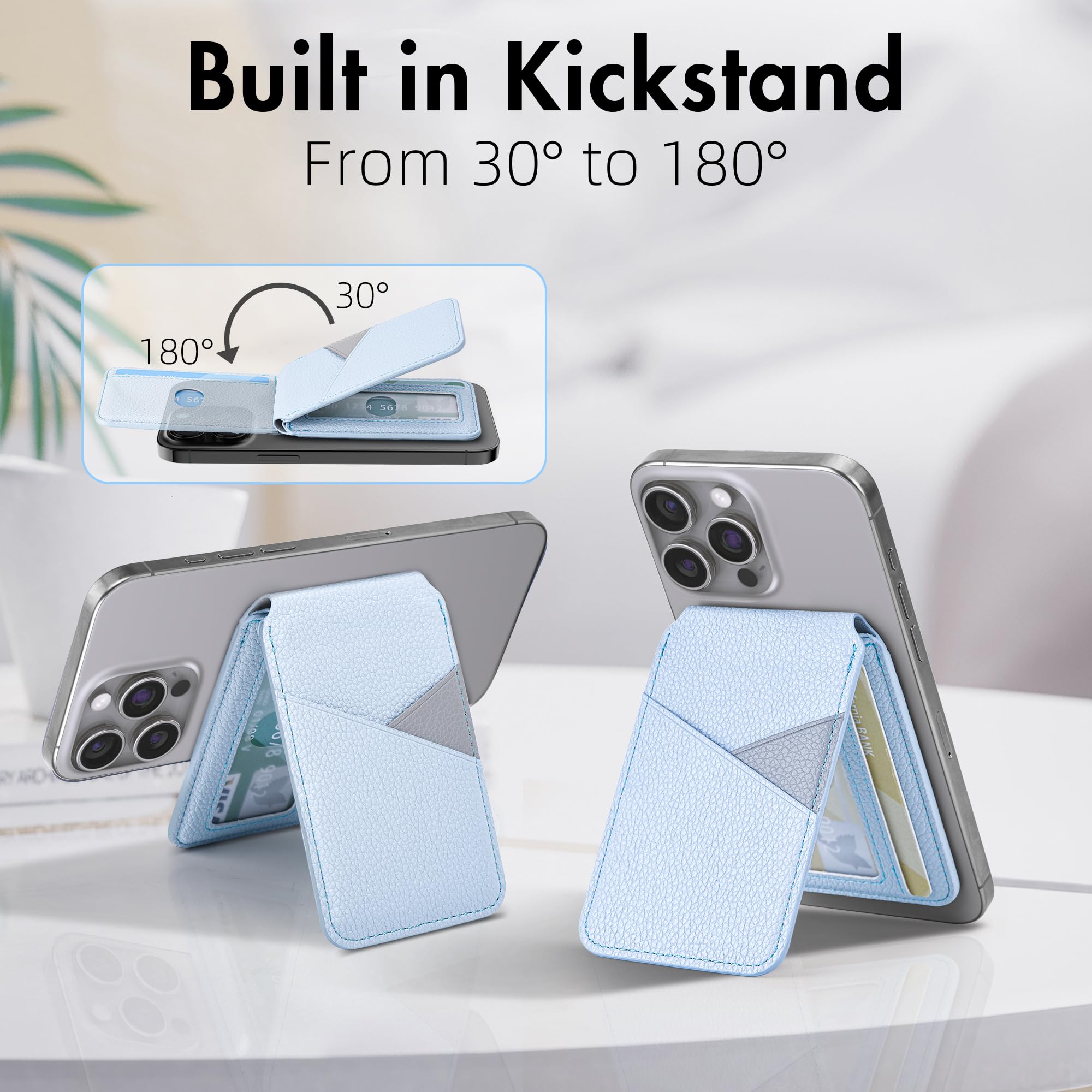 Arae Magnetic Phone Wallet for iPhone 16/15/14/13/12 Series - MagSafe Compatible, RFID Blocking, PU Leather with 4 Card Holder & Adjustable Stand (Blue) - Perfect for Daily Commute, Shopping & Travel
