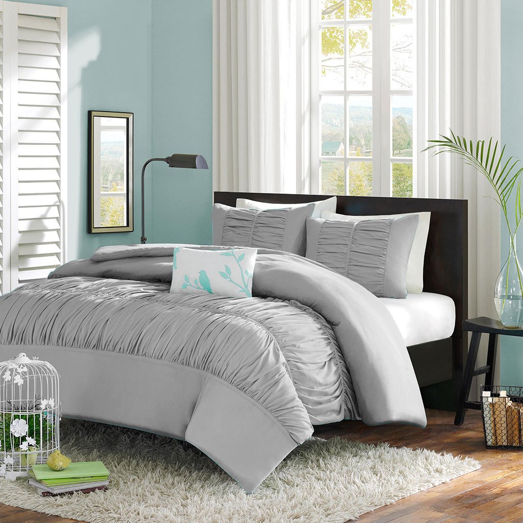 Premium 400 TC Egyptian Cotton 5-Piece Duvet Cover Set with Center Gathered Mimi Ruffles & Matching Pillow Shams - California King Size in Light Gray | Luxury Bedding for Master Bedrooms & Guest Suites