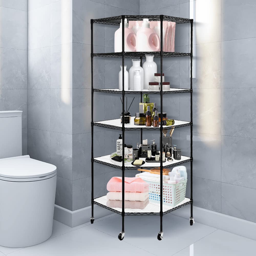 6-Tier Adjustable Corner Shelf with Wheels - Heavy Duty Metal Wire Storage Rack for Kitchen, Bathroom, Laundry, Pantry & Closet Organization (27